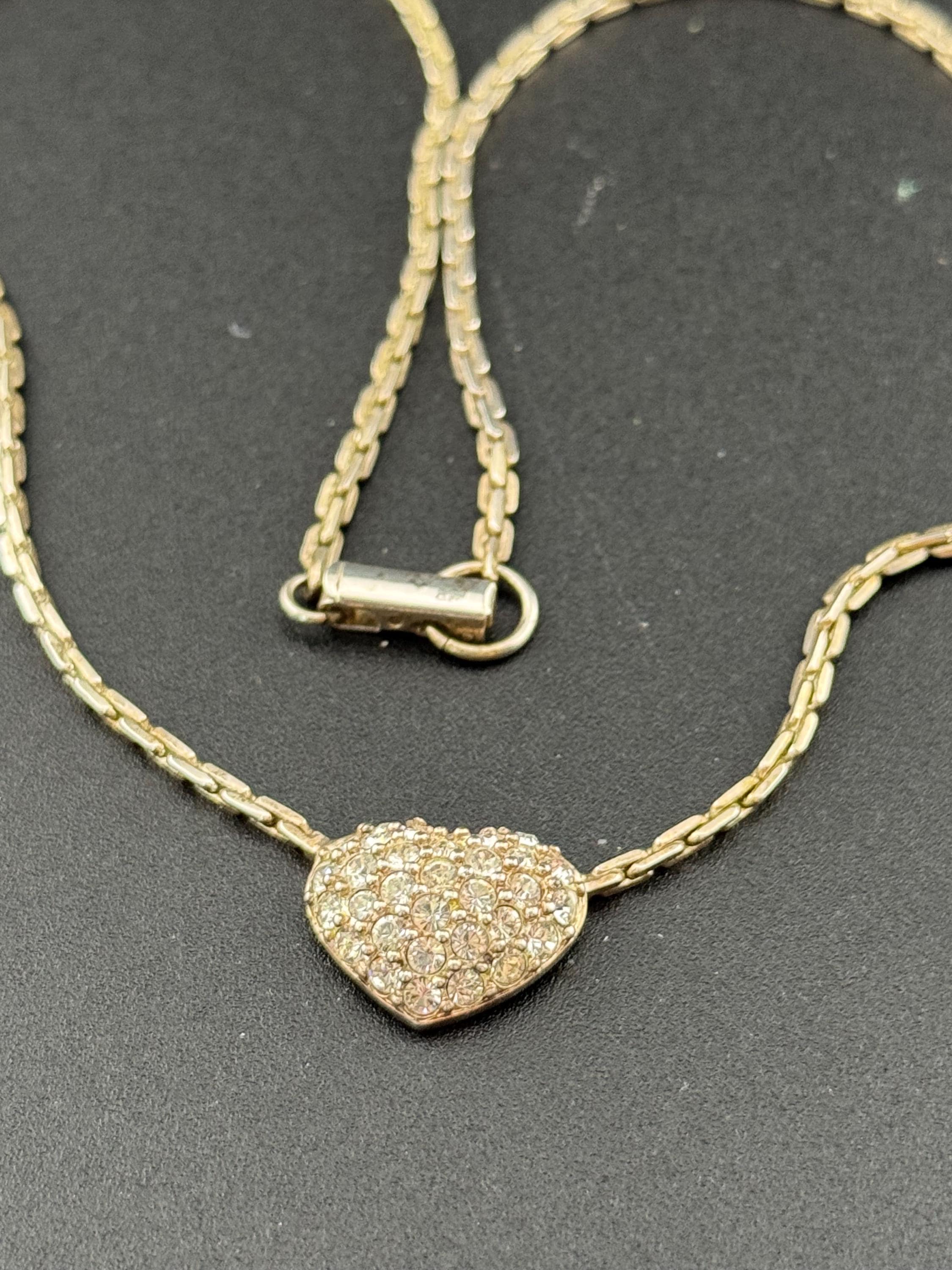 As found Signed Swarovski silver tone clear crystal diamanté heart drop necklace