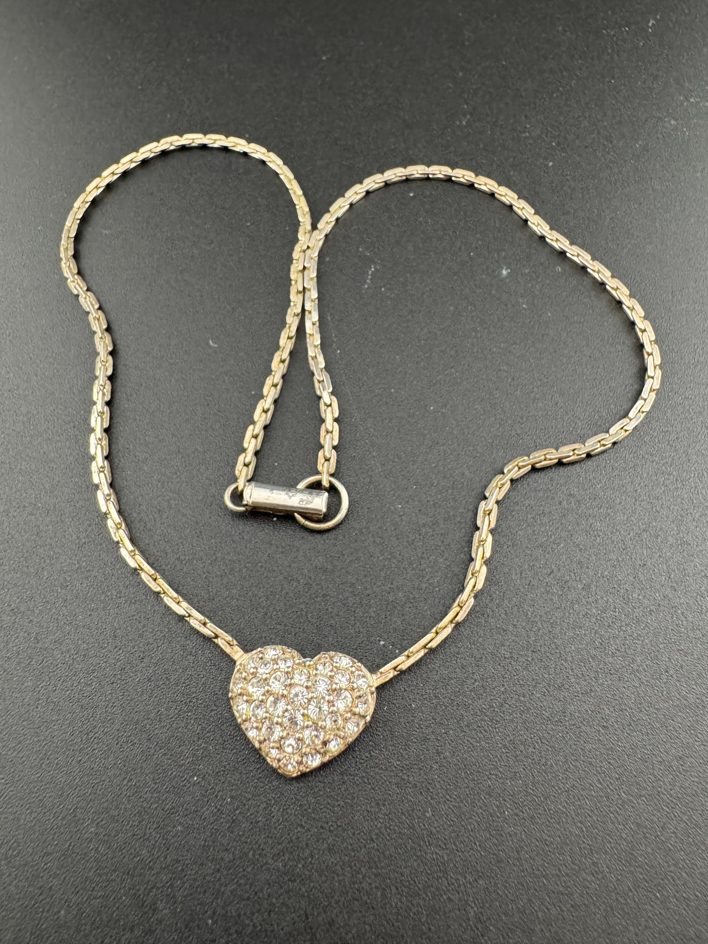 As found Signed Swarovski silver tone clear crystal diamanté heart drop necklace