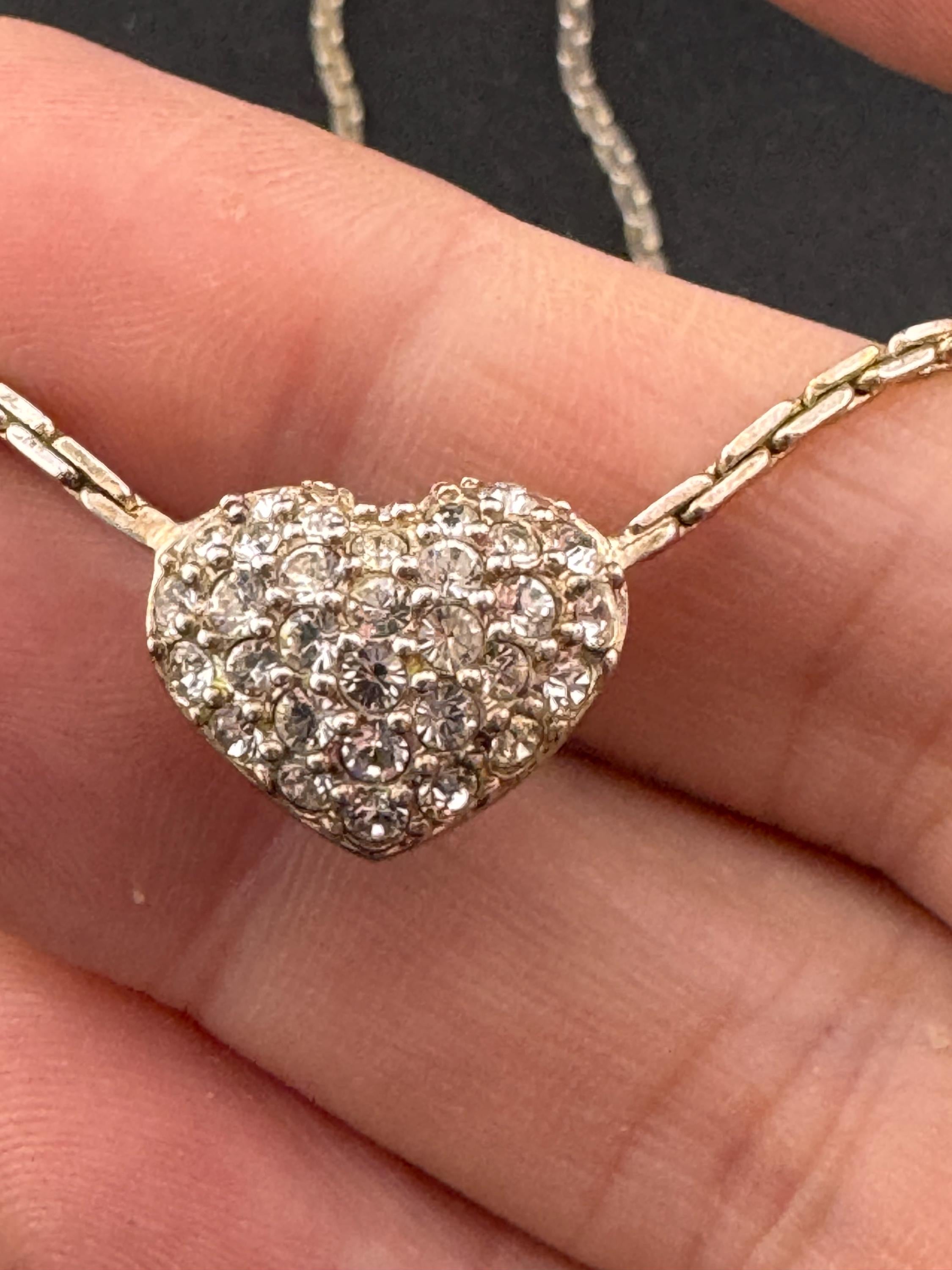 As found Signed Swarovski silver tone clear crystal diamanté heart drop necklace