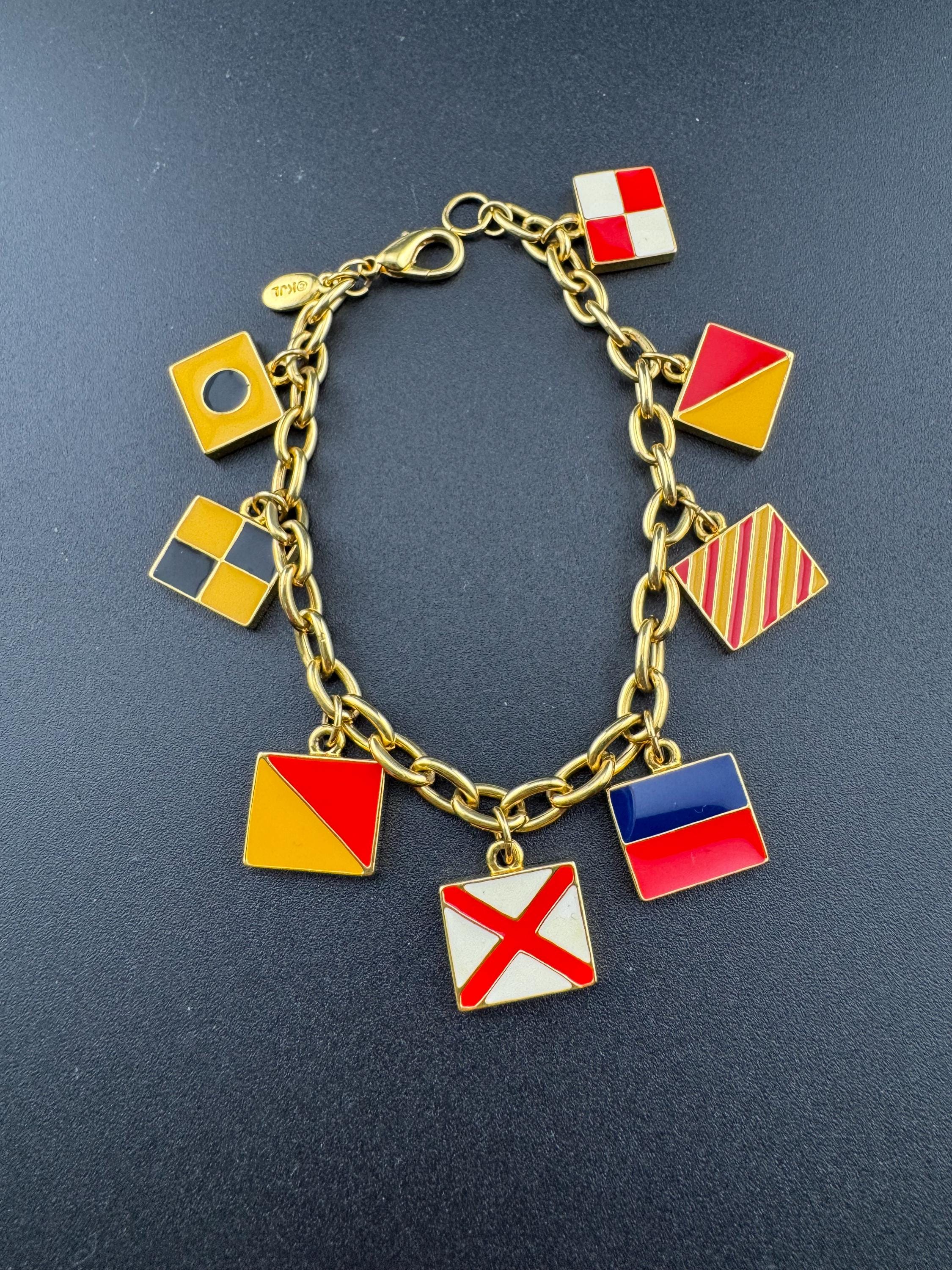 Vintage JBK Nautical Flag Charm Bracelet: Gold Tone Enamel