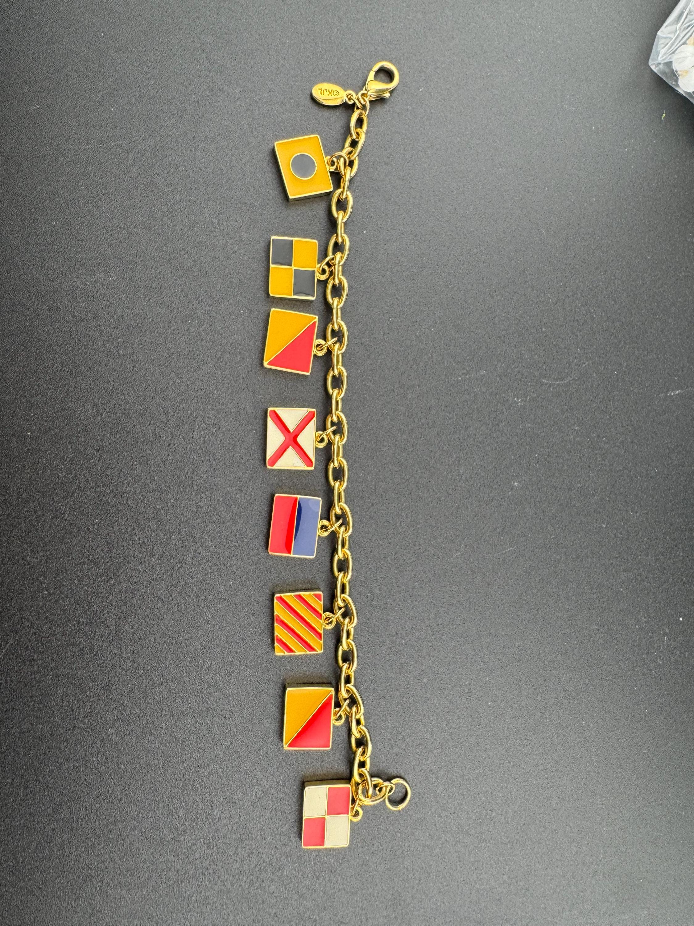 Vintage JBK Nautical Flag Charm Bracelet: Gold Tone Enamel