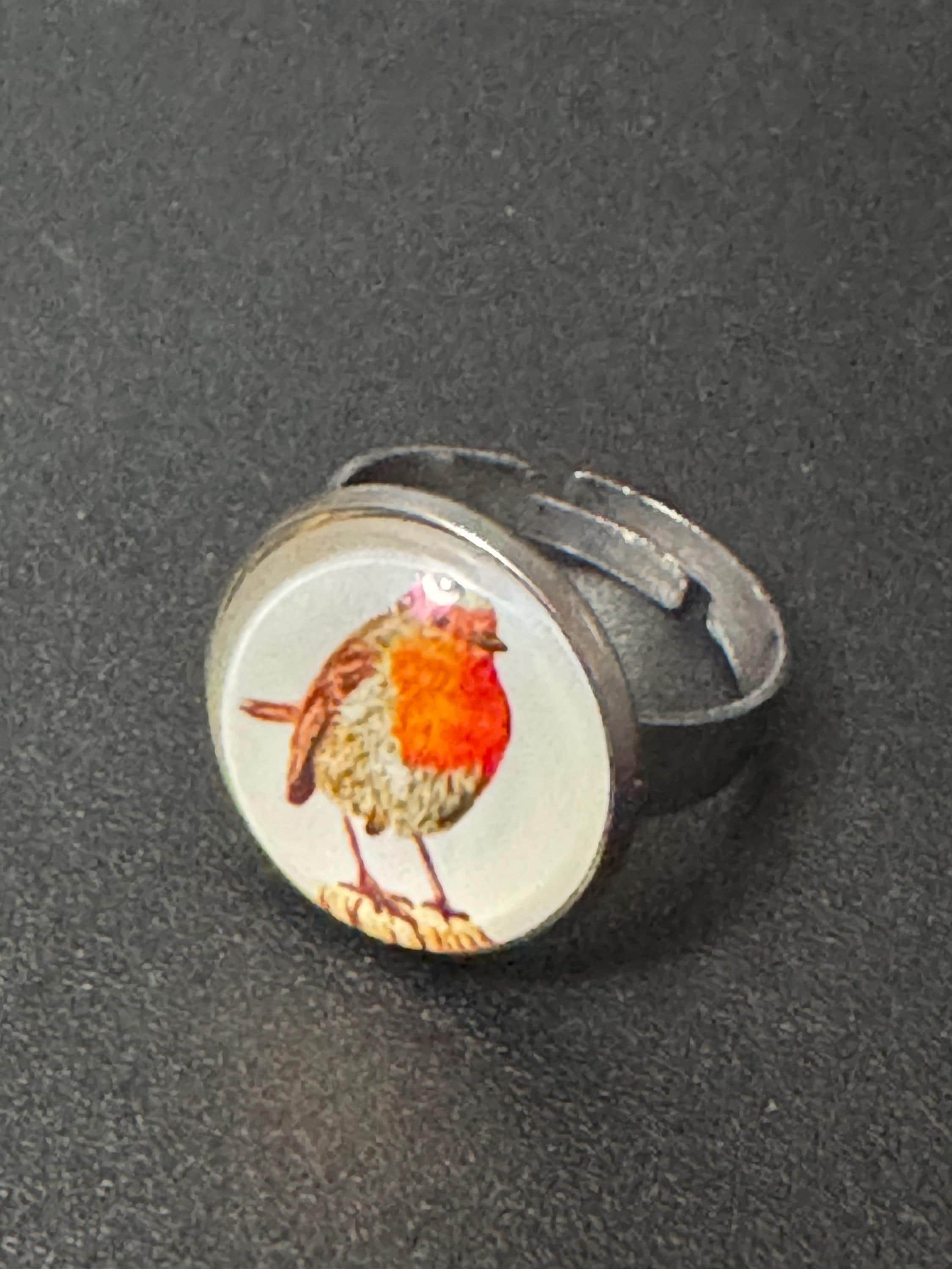 Handmade Garden bird Robin redbreast stainless steel adjustable ring 16mm glass cabochon