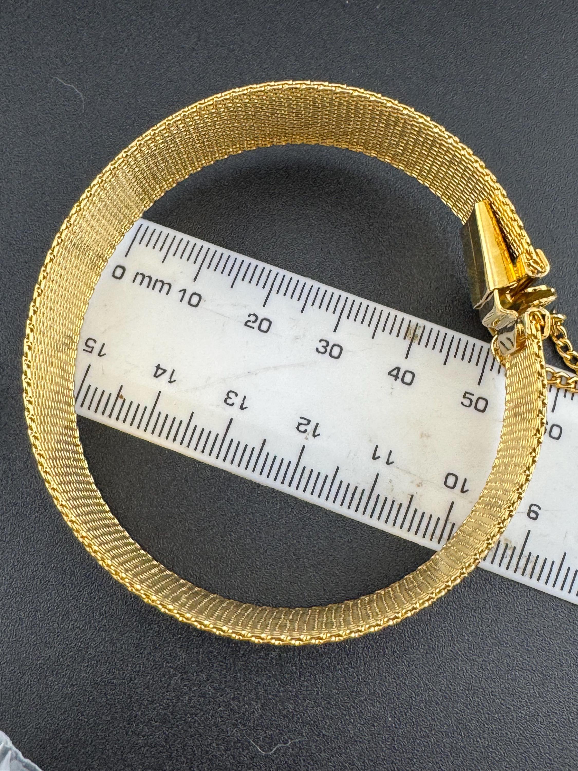 True Vintage pristine gold plated 18mm wide mesh flat link bangle bracelet 18.5cm long old shop stock
