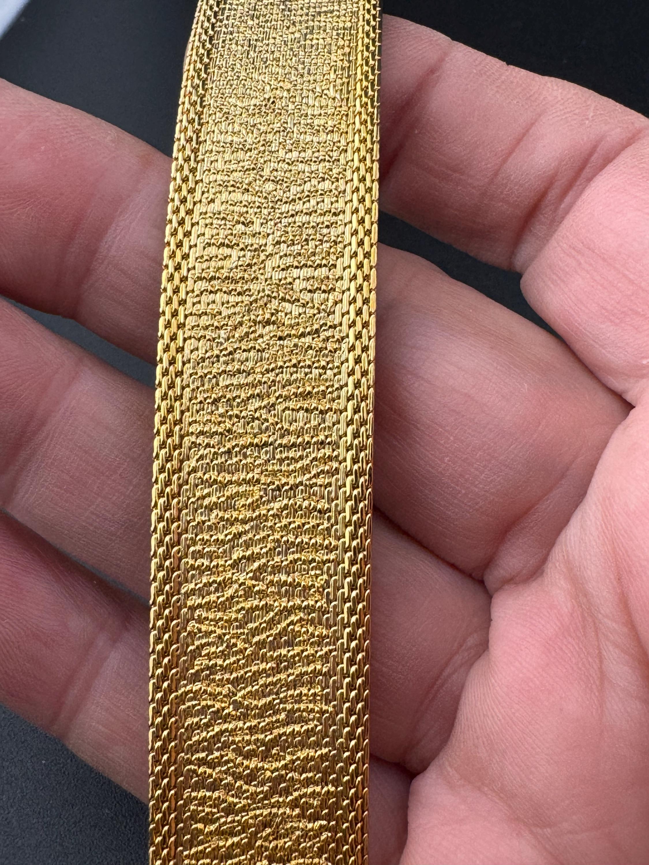True Vintage pristine gold plated 18mm wide mesh flat link bangle bracelet 18.5cm long old shop stock