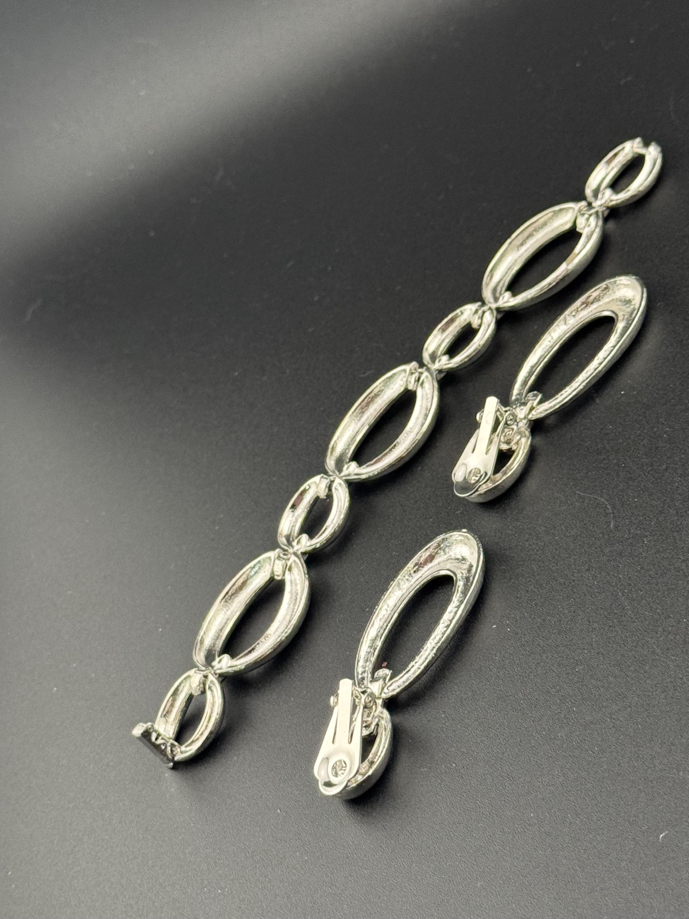 True vintage silver tone textured panel link bracelet and matching clip on drop earrings