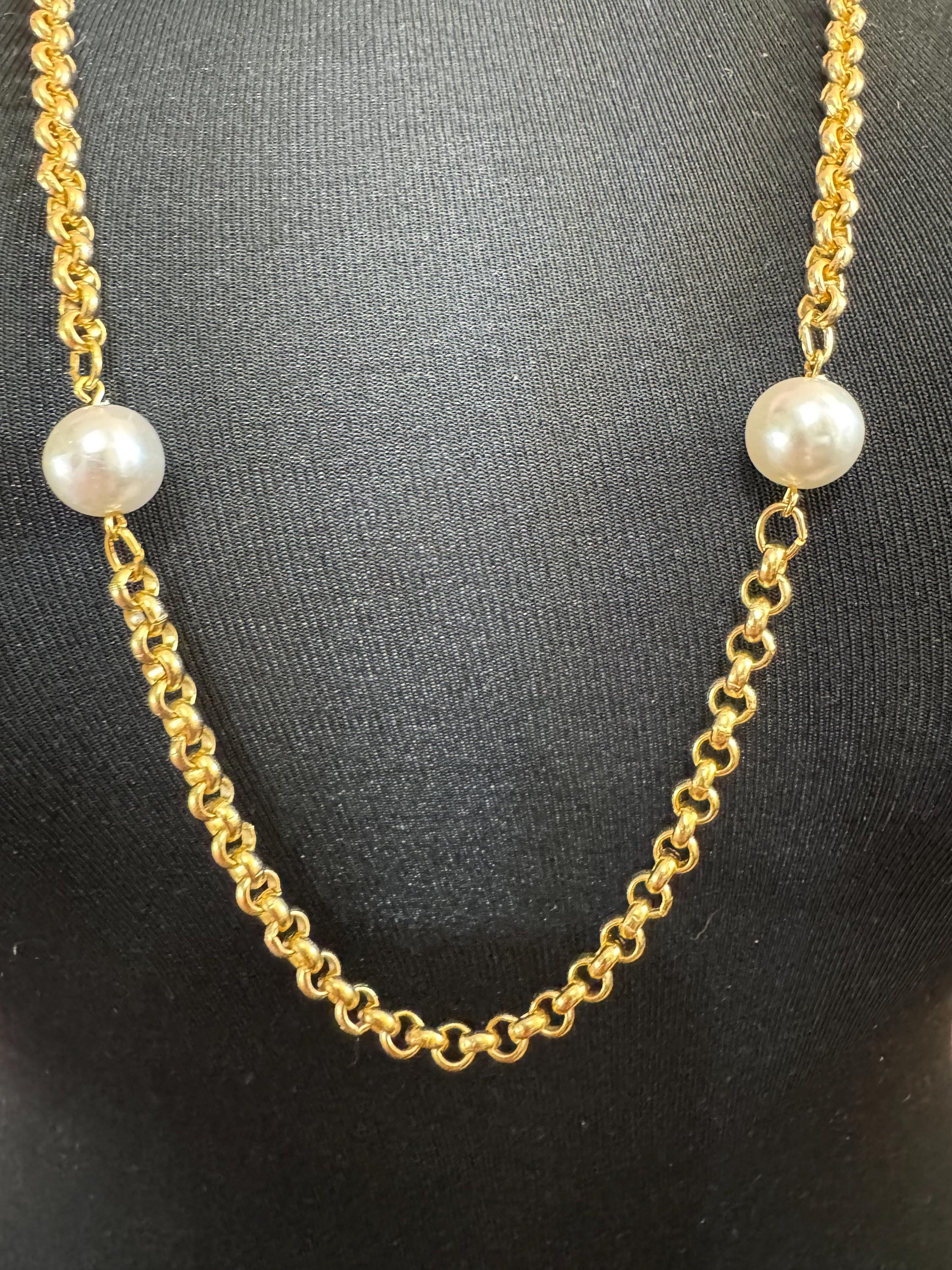 91cm 27” long 1980s thick gold plated belcher link faux glass pearl beaded station necklace