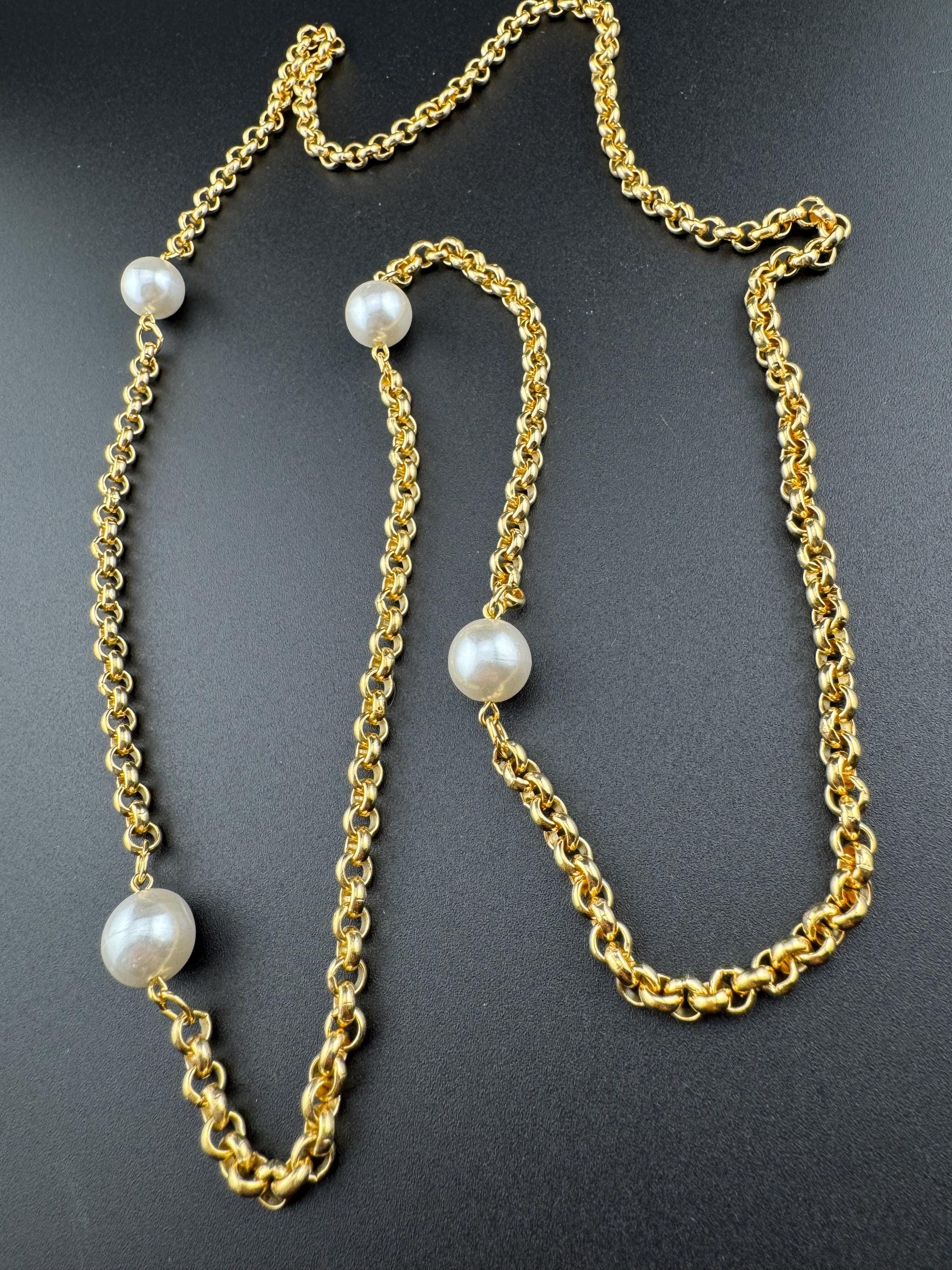 91cm 27” long 1980s thick gold plated belcher link faux glass pearl beaded station necklace