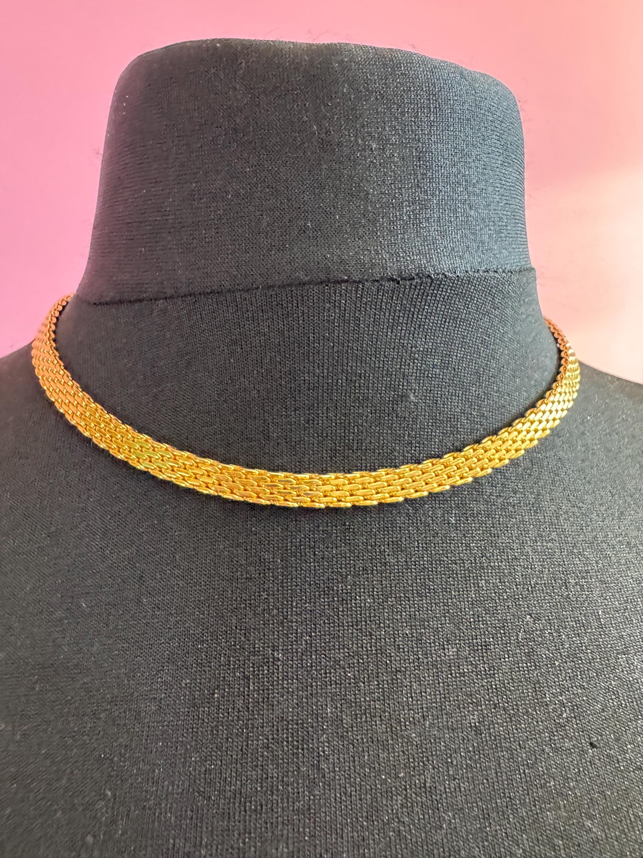 True vintage gold tone 6mm wide woven mesh choker collar necklace adj length genuine old shop stock