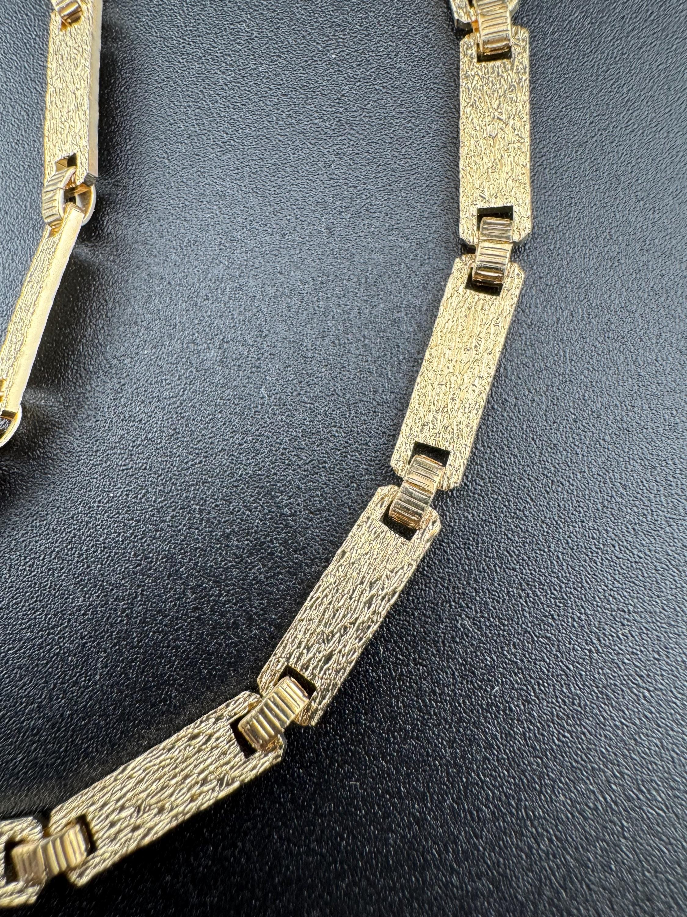long 20.5” flat bar link chain necklace, 1980s Matt gold tone