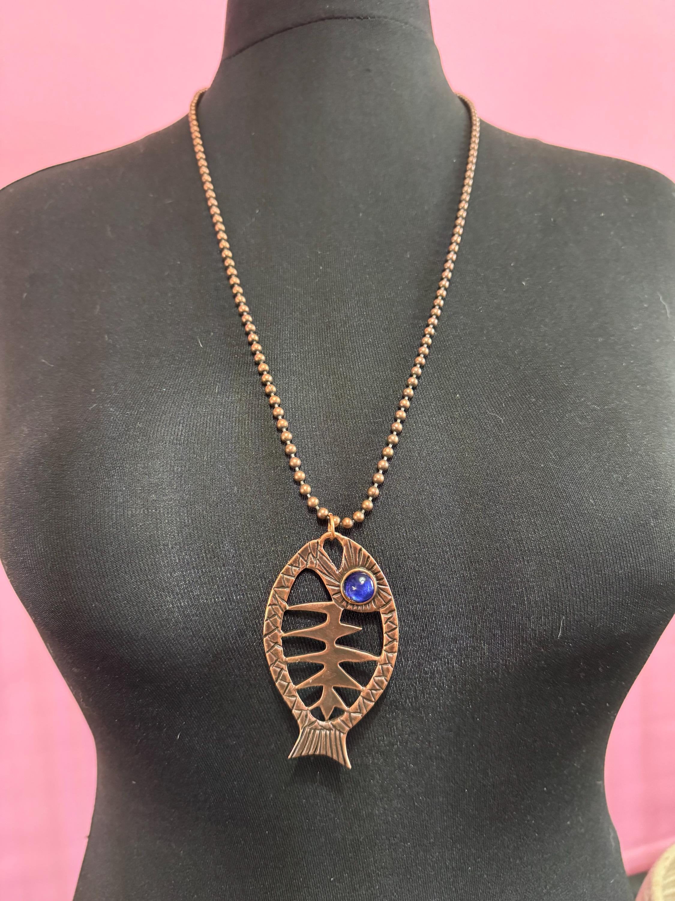 Vintage c 1980s copper tone fish pendant on a 75cm ball bead long chain necklace, blue glass eyes on both sides