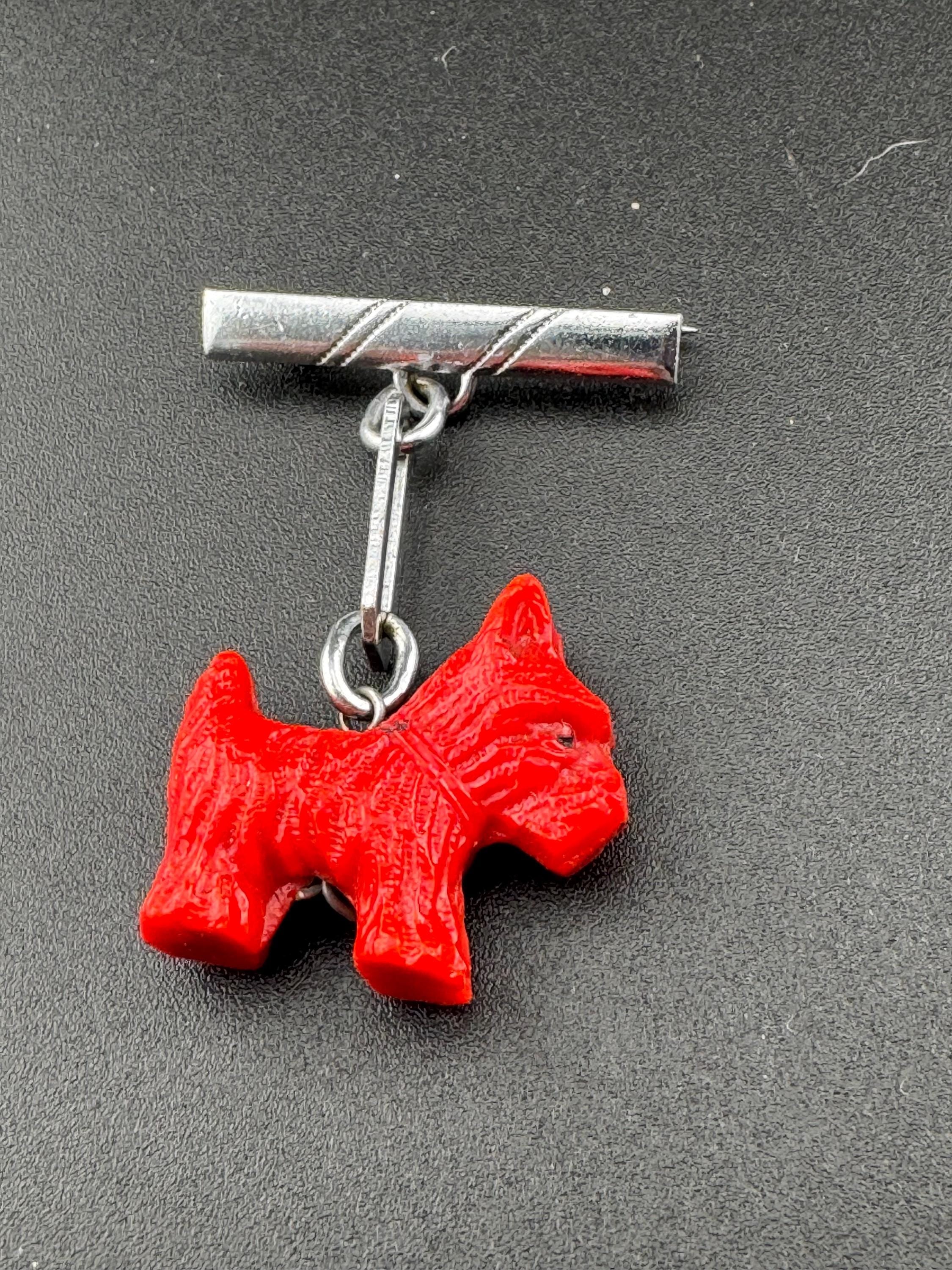 Early Plastic Art Deco red Scottie dog terrier Pendant chrome bar brooch Vintage celluloid