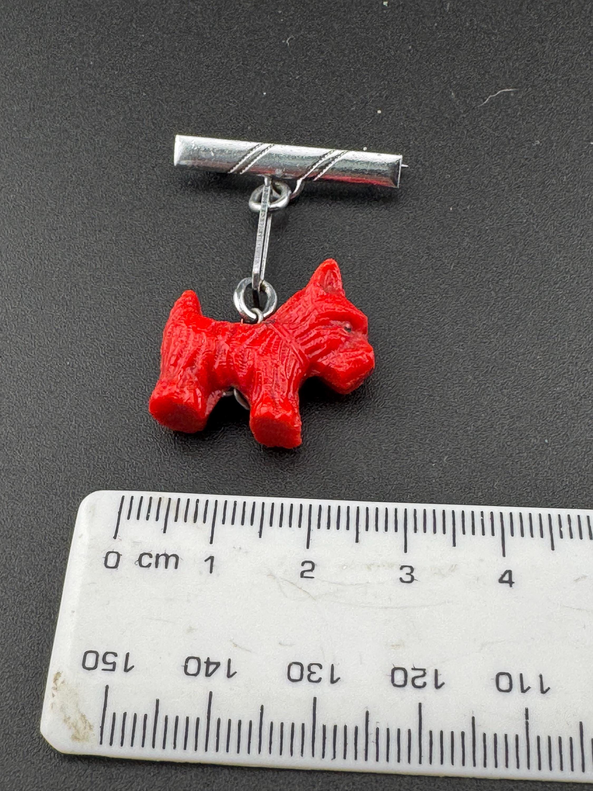 Early Plastic Art Deco red Scottie dog terrier Pendant chrome bar brooch Vintage celluloid