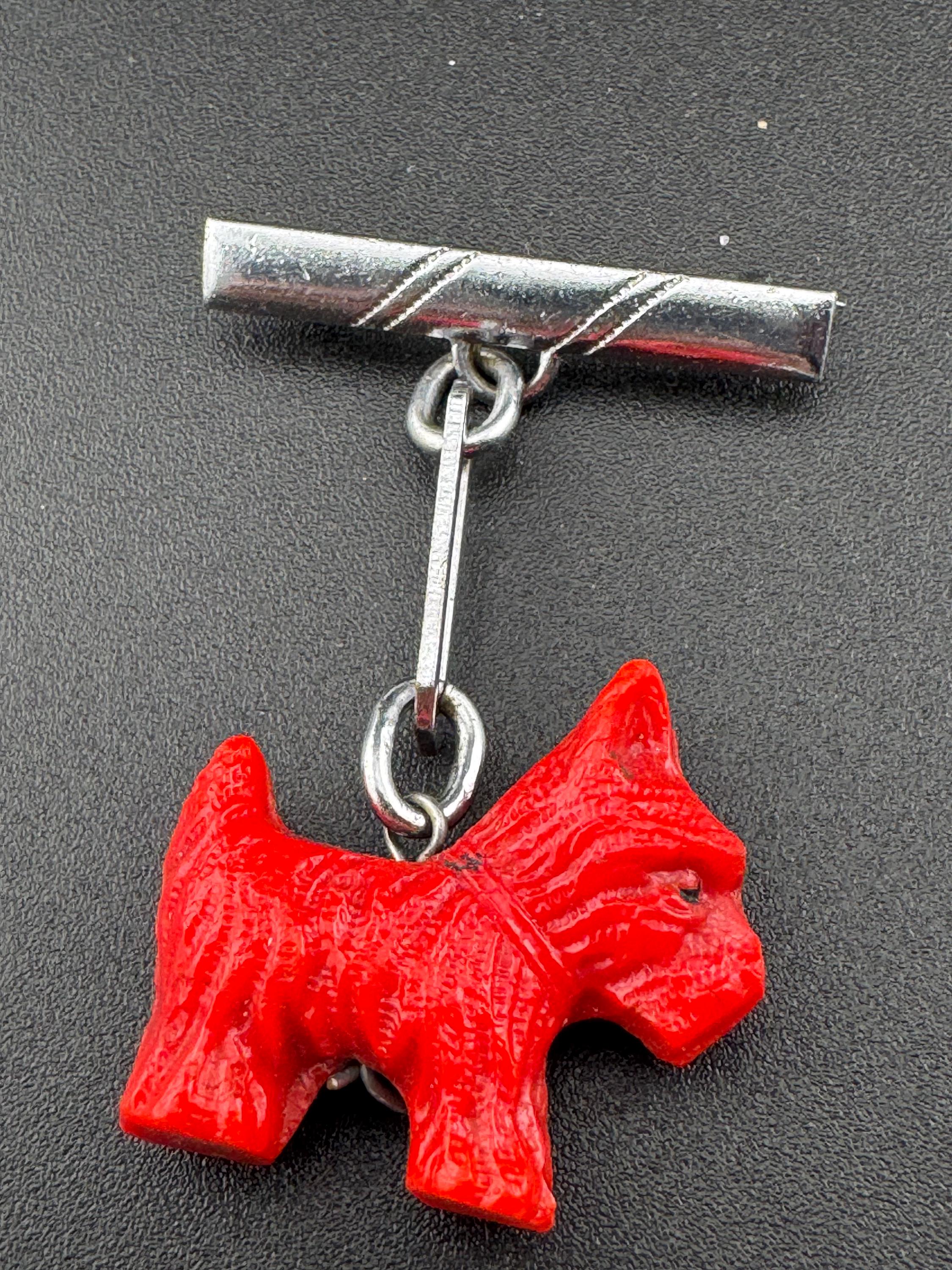 Early Plastic Art Deco red Scottie dog terrier Pendant chrome bar brooch Vintage celluloid