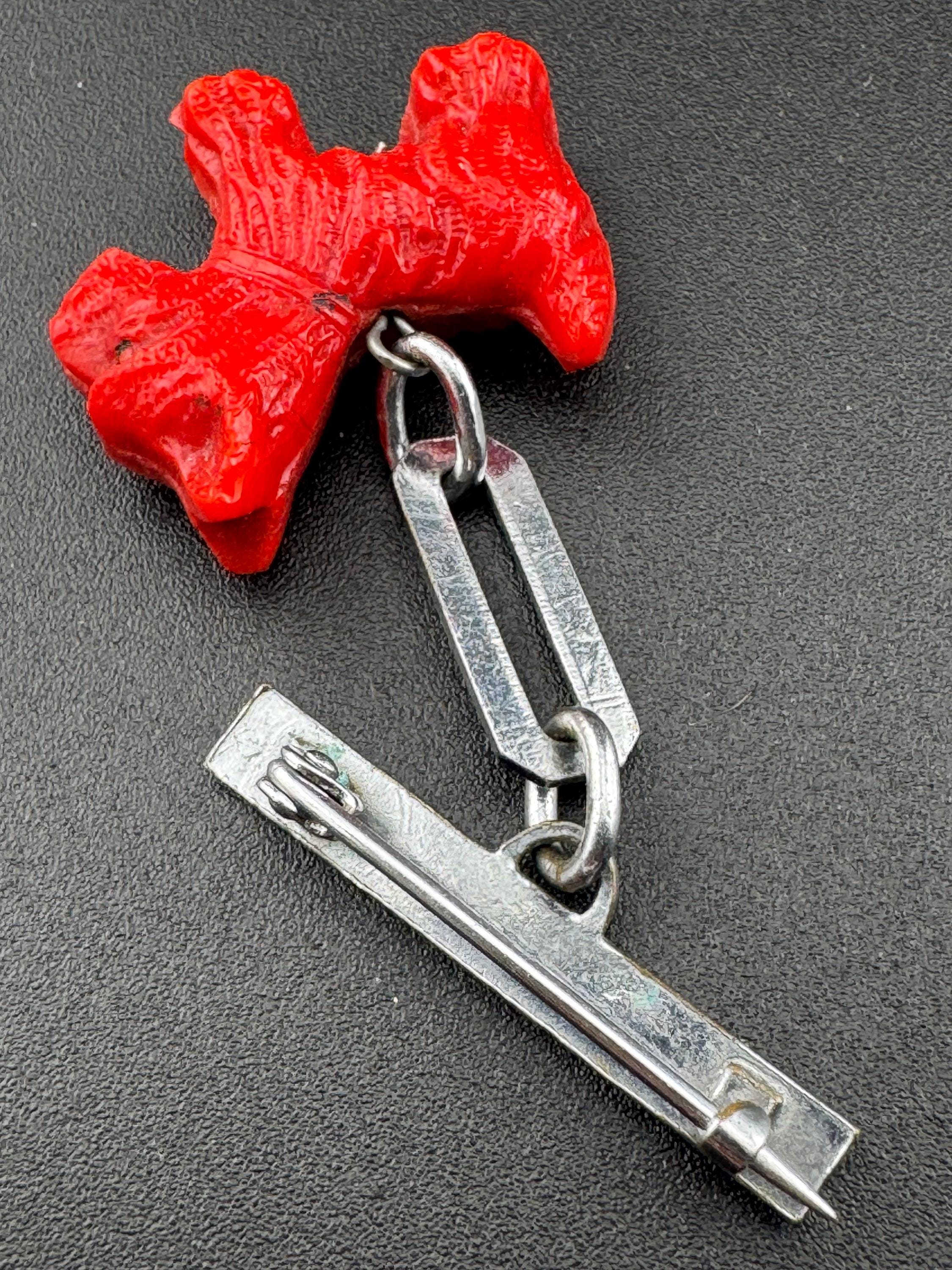 Early Plastic Art Deco red Scottie dog terrier Pendant chrome bar brooch Vintage celluloid