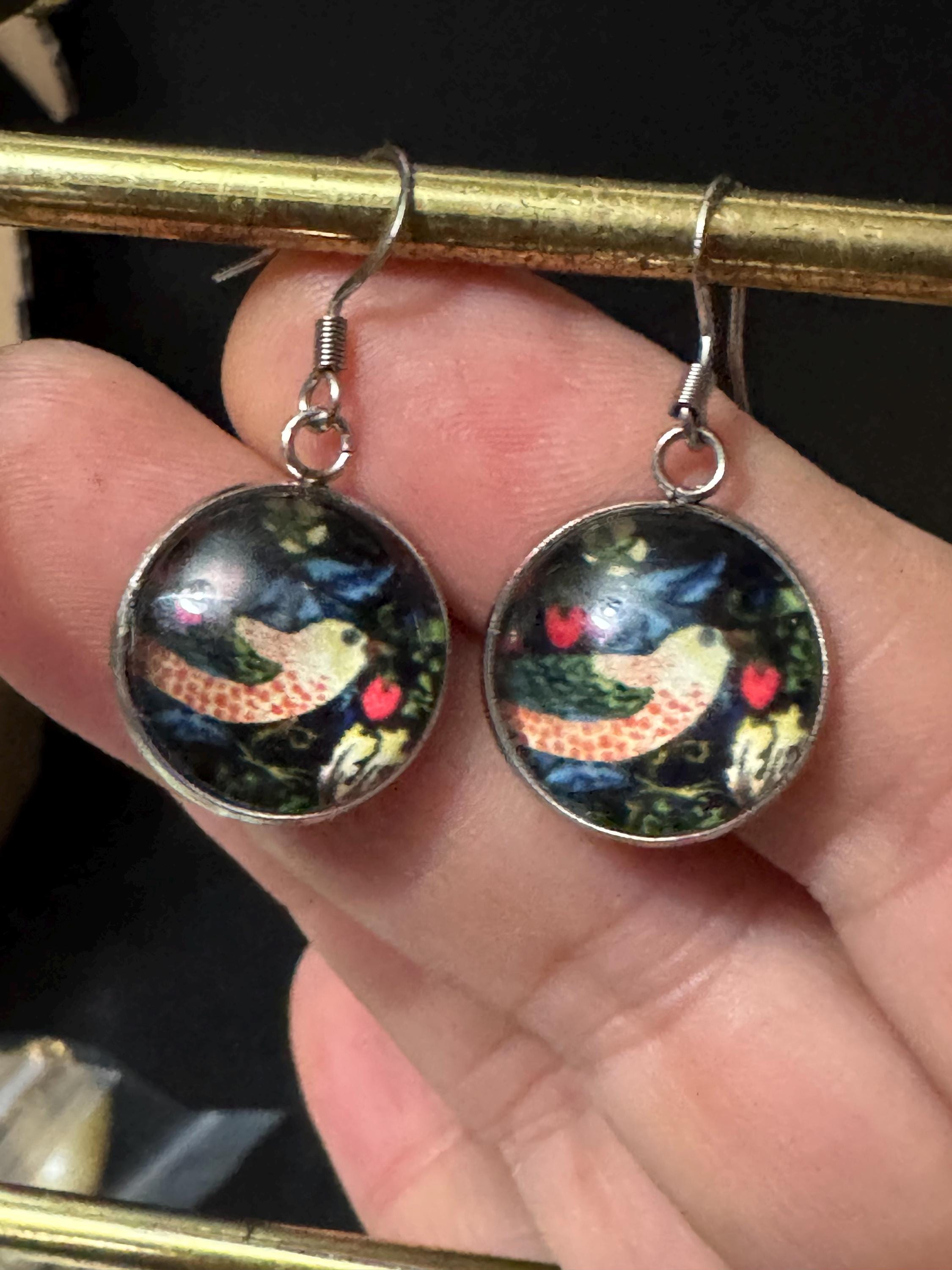 William Morris earrings strawberry thief print 18mm round glass cabochon non tarnish stainless steel