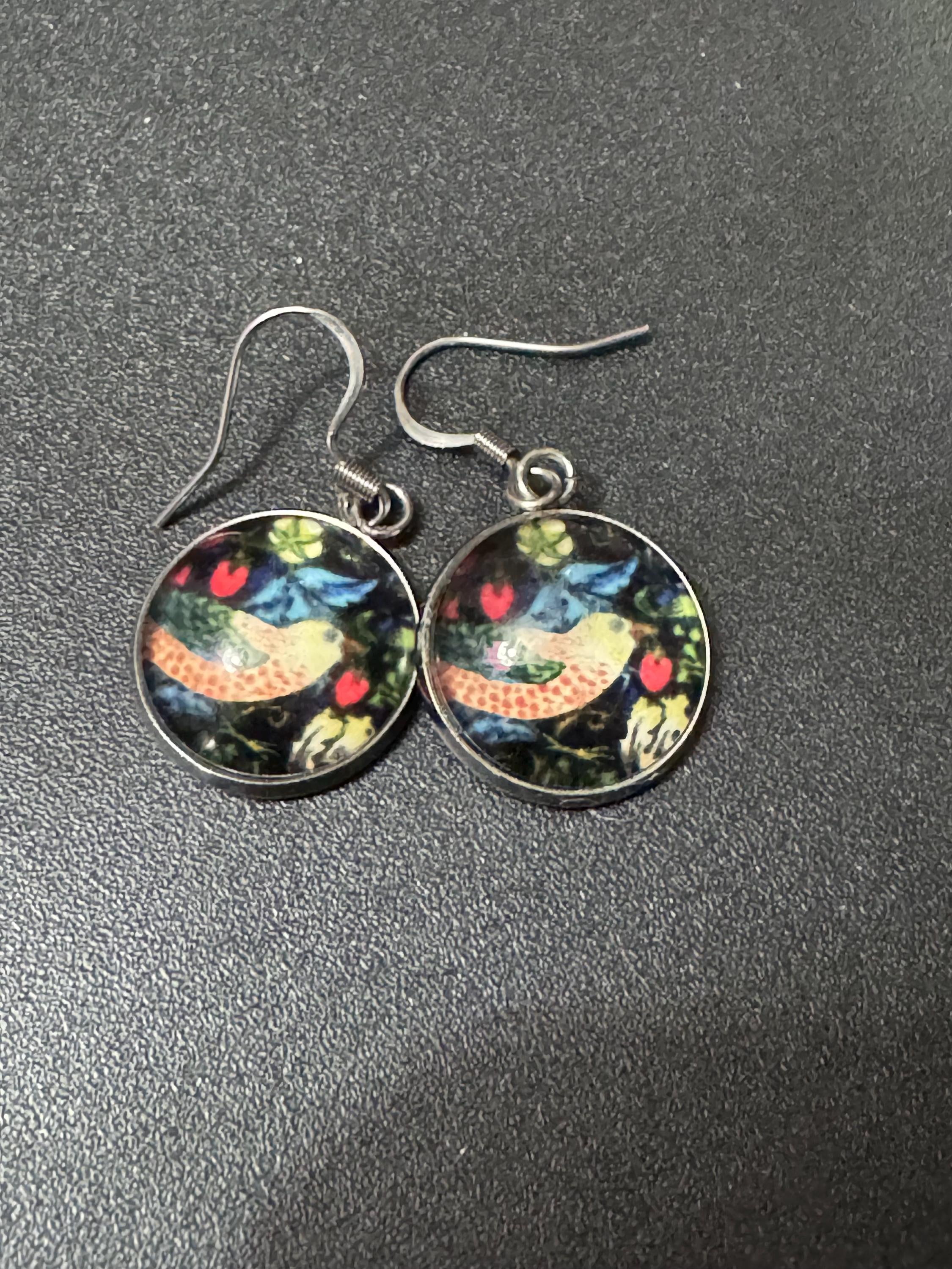 William Morris earrings strawberry thief print 18mm round glass cabochon non tarnish stainless steel