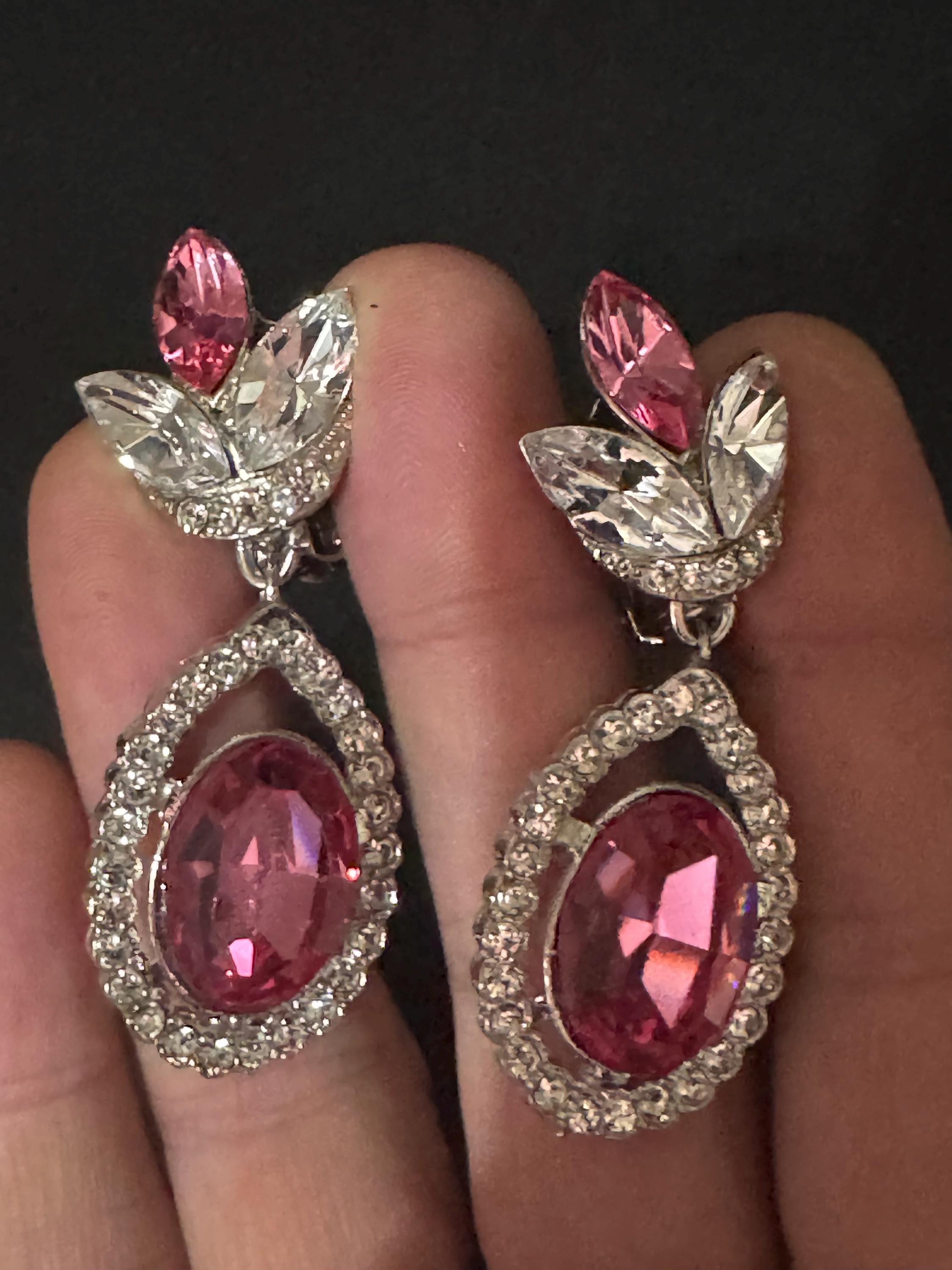 Vintage Swarovski Crystal Pink Teardrop Clip On Earrings