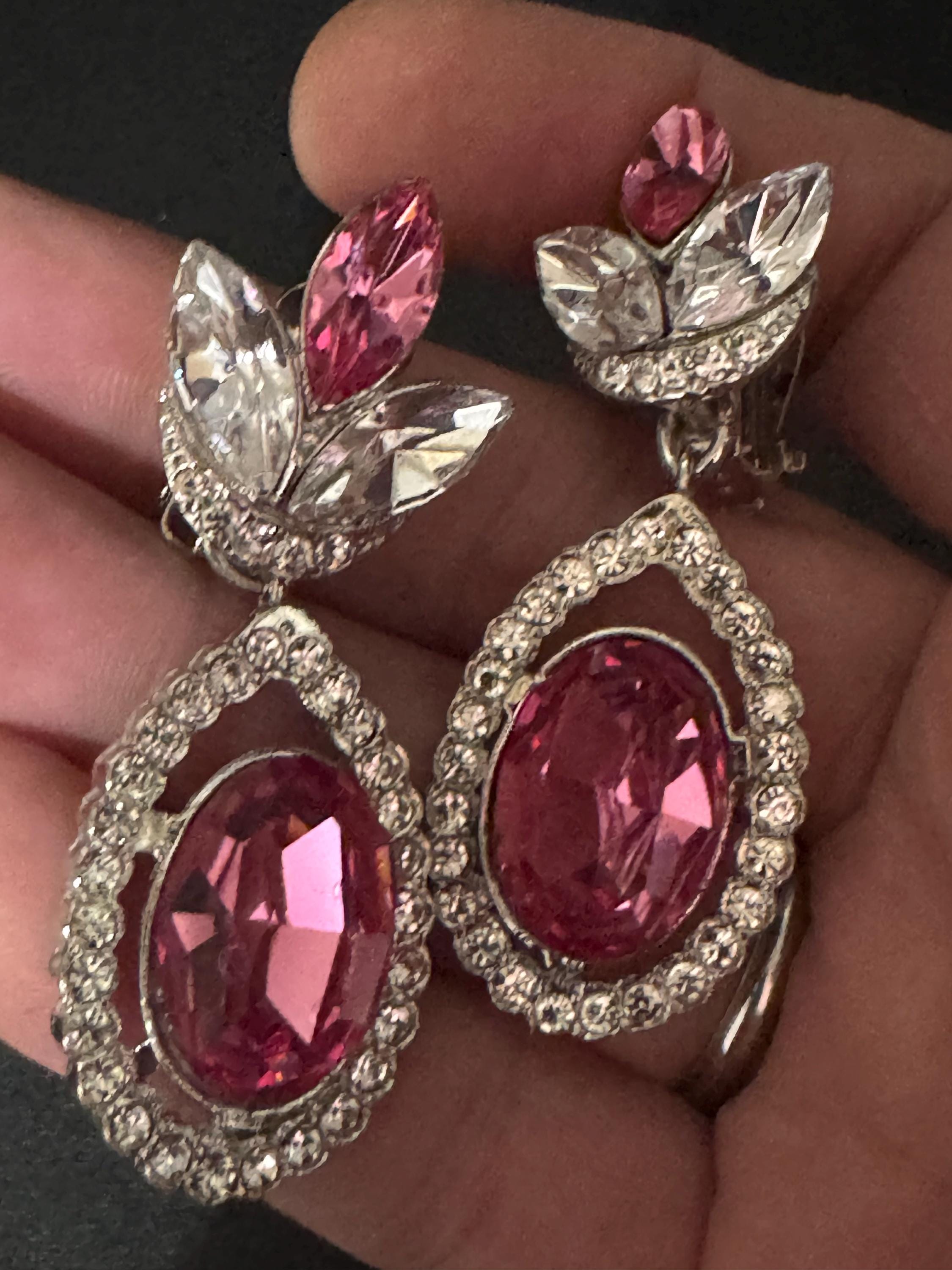 Vintage Swarovski Crystal Pink Teardrop Clip On Earrings