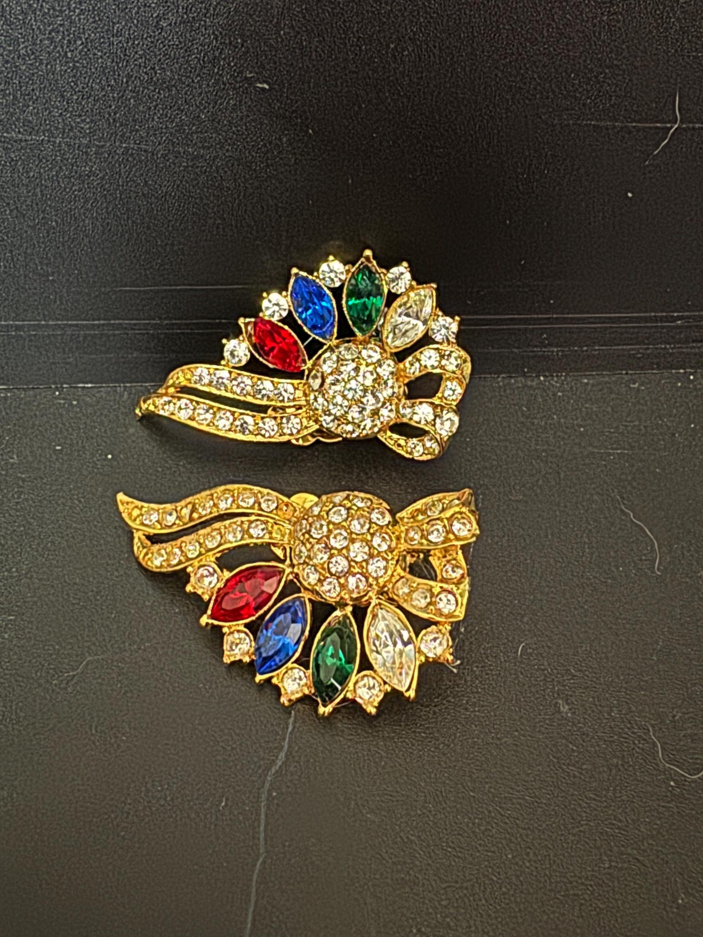 vintage oversized 5cm gold tone blue green red and clear Swarovski crystal fan shaped stud earrings 1980s old shop stock