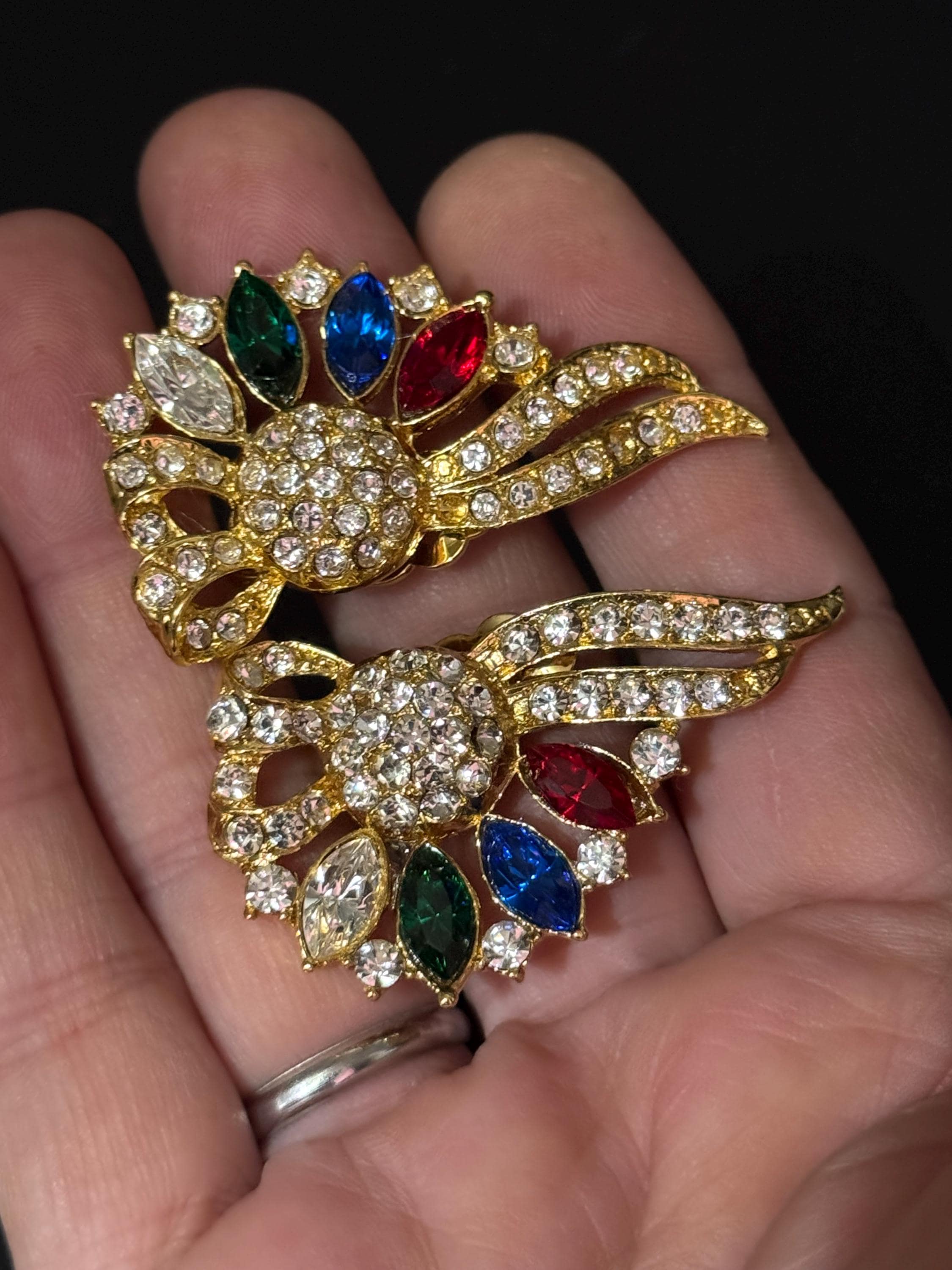 vintage oversized 5cm gold tone blue green red and clear Swarovski crystal fan shaped stud earrings 1980s old shop stock