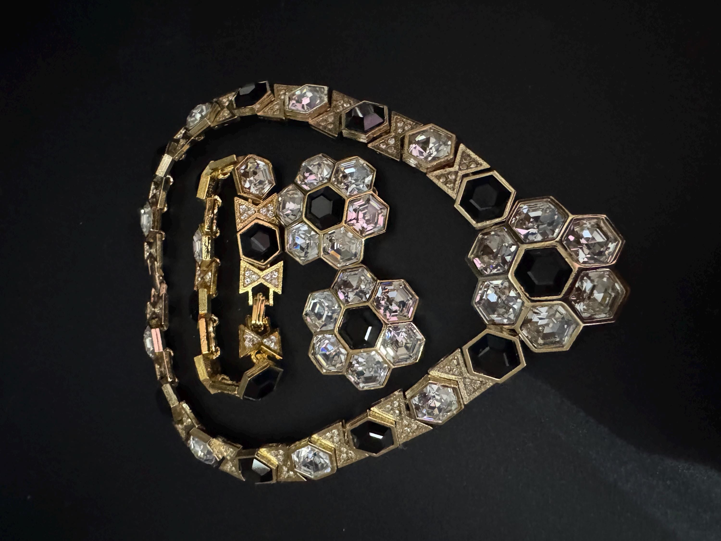 vintage gold tone octagonal ruby black and clear Swarovski crystal cocktail necklace bracelet and matching clip on earrings jewellery set