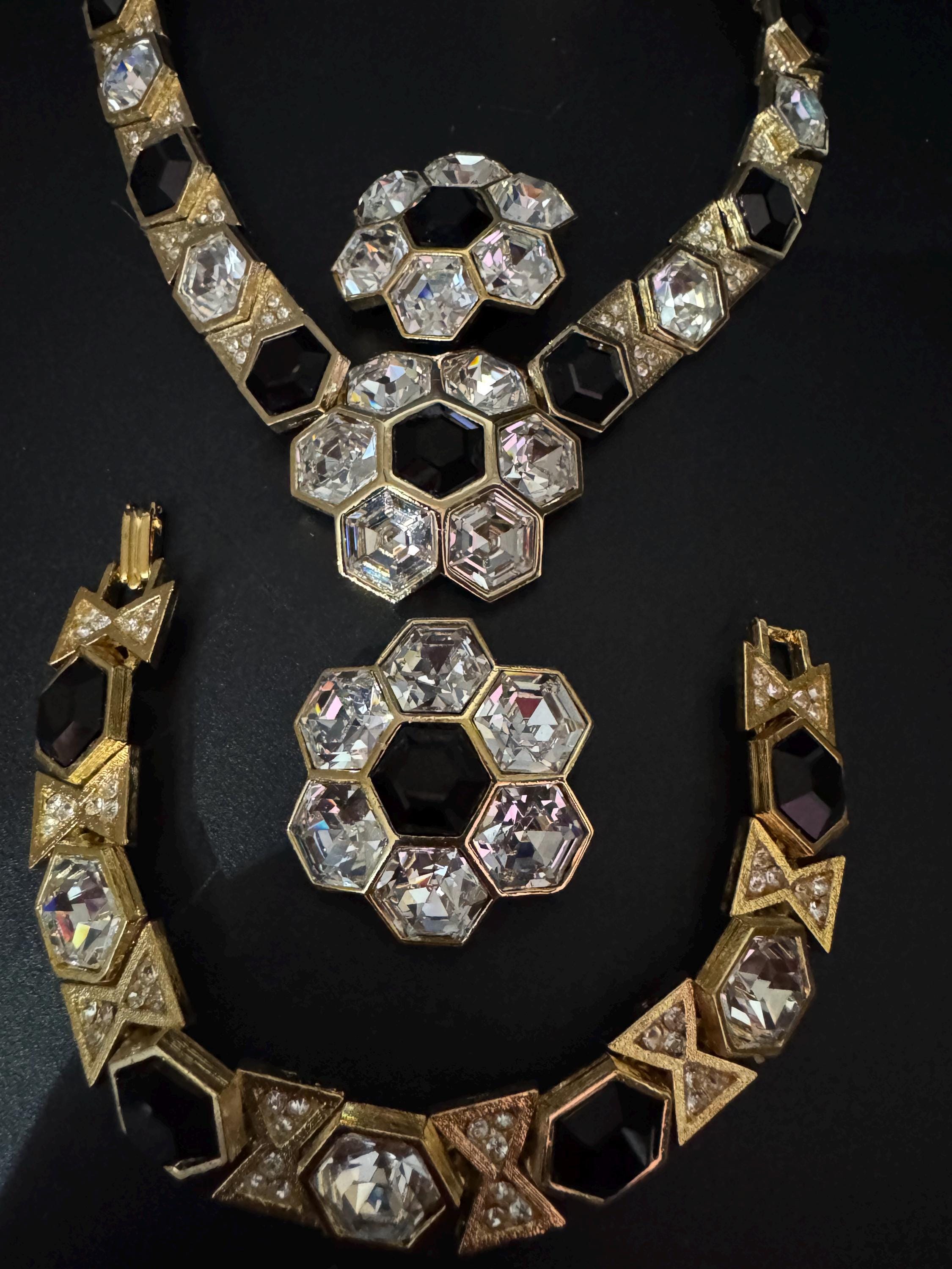 vintage gold tone octagonal ruby black and clear Swarovski crystal cocktail necklace bracelet and matching clip on earrings jewellery set