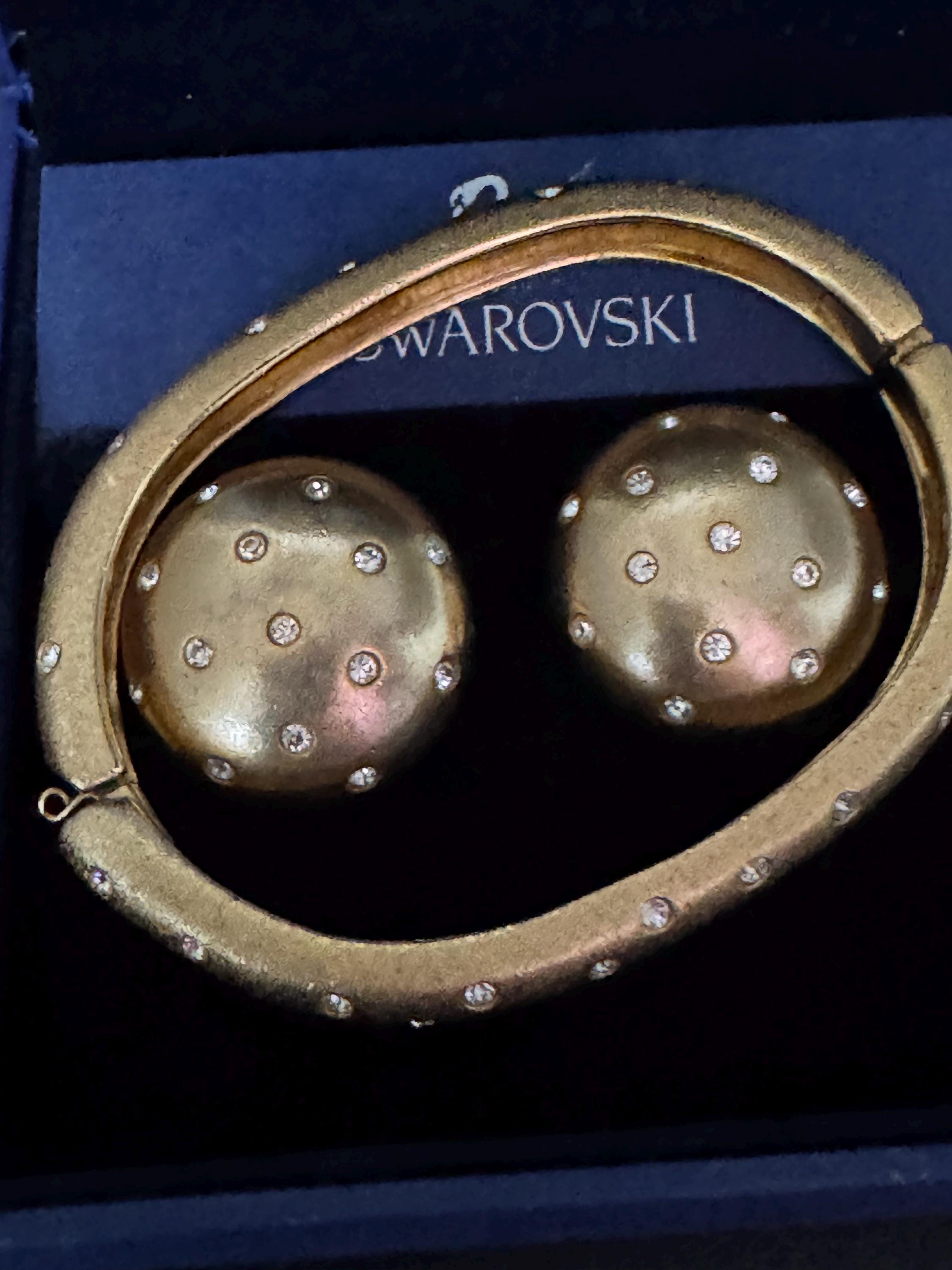 Swarovski Crystal Jewelry Set: Gold Plated Bangle and Clip Earrings, signed