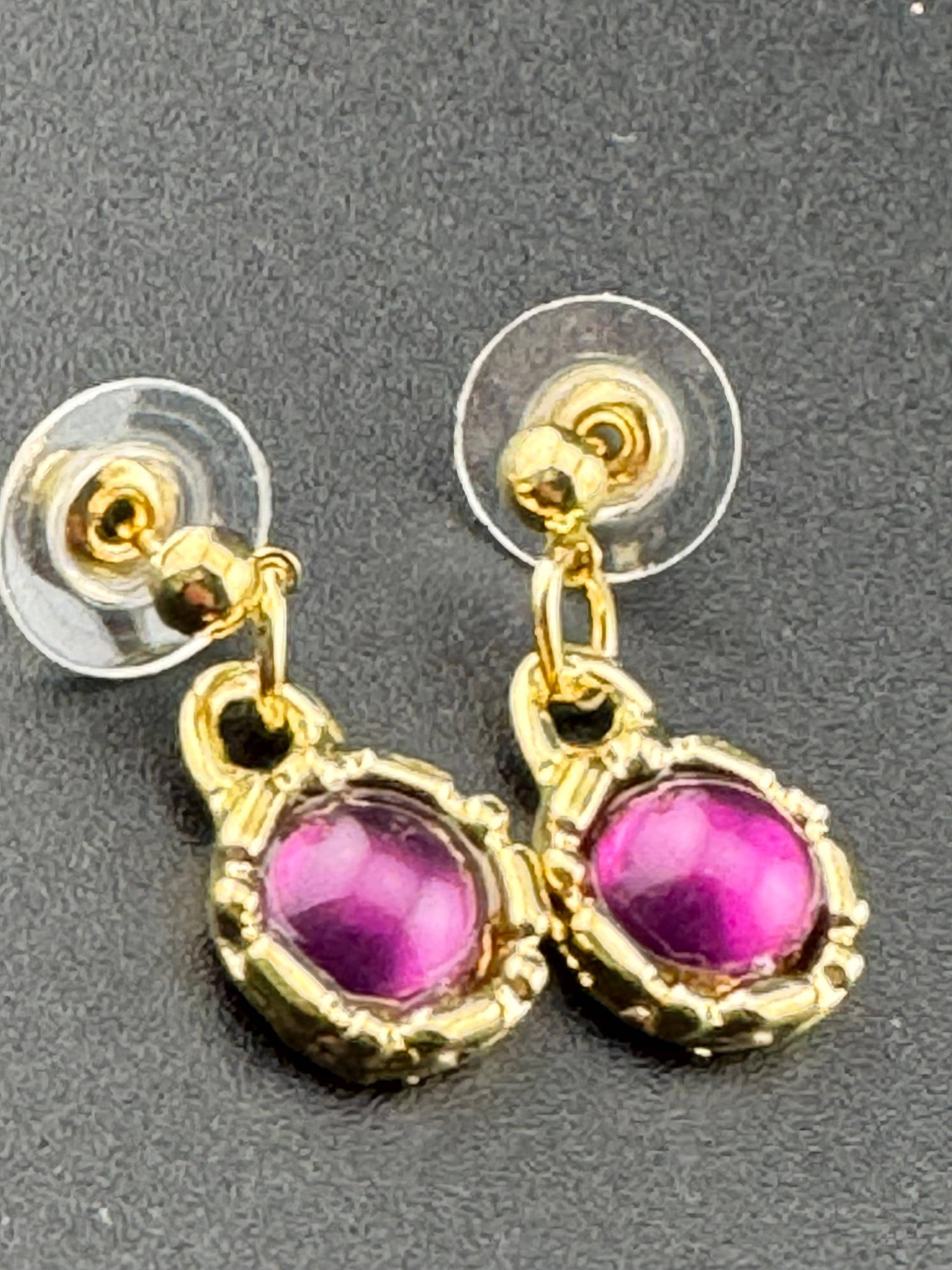 Vintage purple cabochon drop earrings, dainty