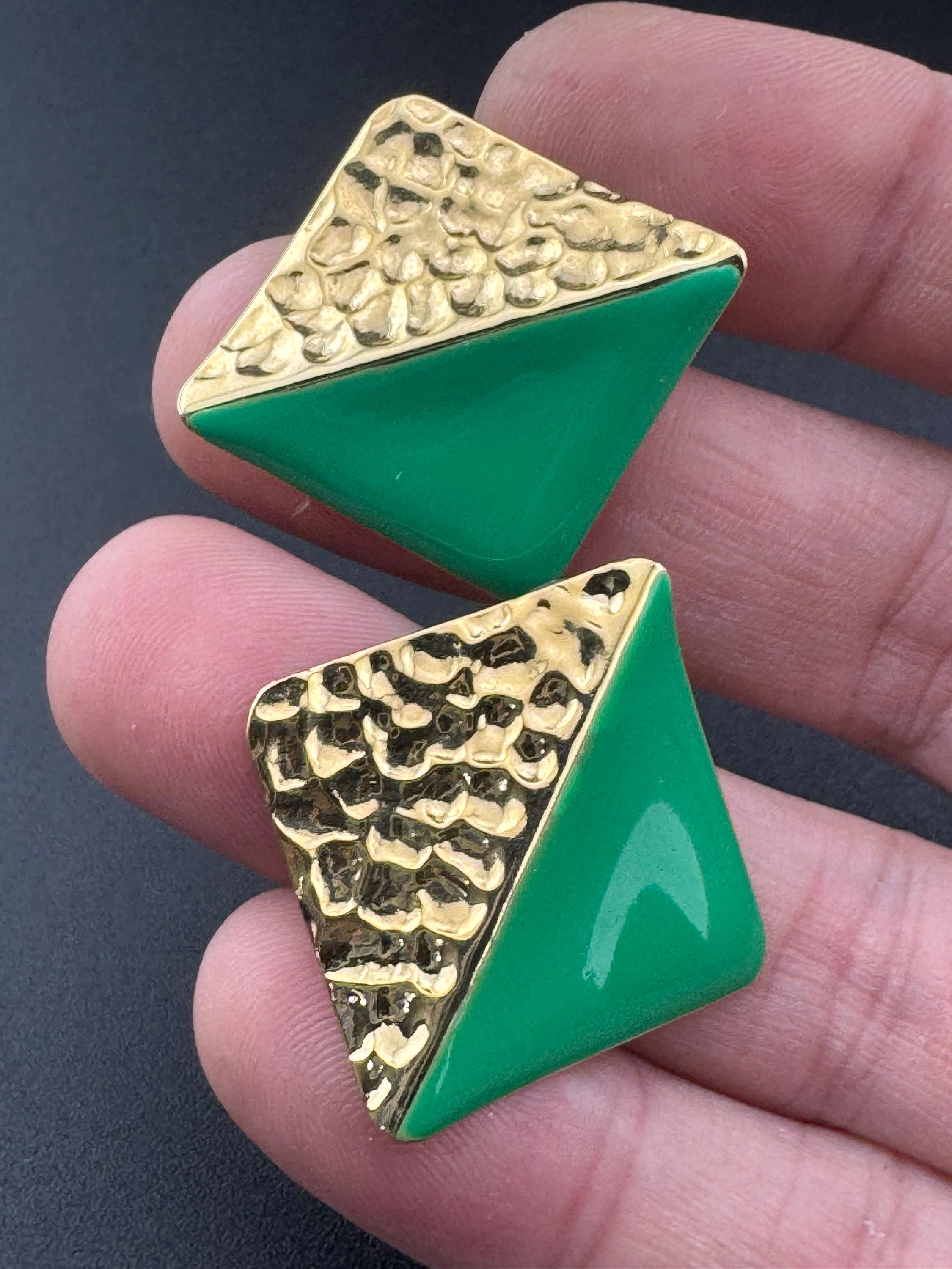Vintage 80s Enamel Stud Earrings: Two-Tone Gold & Green