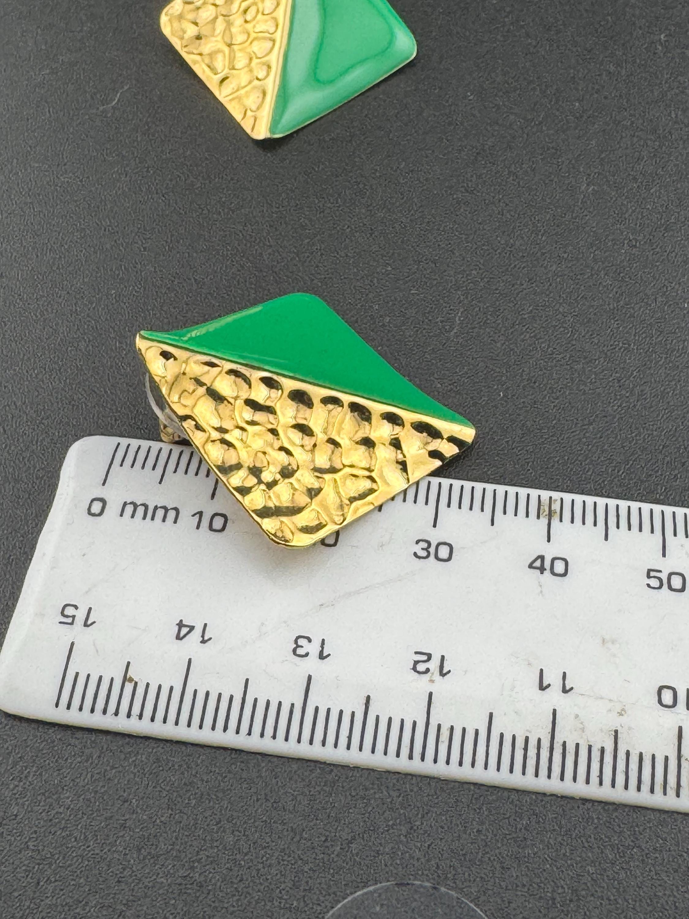 Vintage 80s Enamel Stud Earrings: Two-Tone Gold & Green
