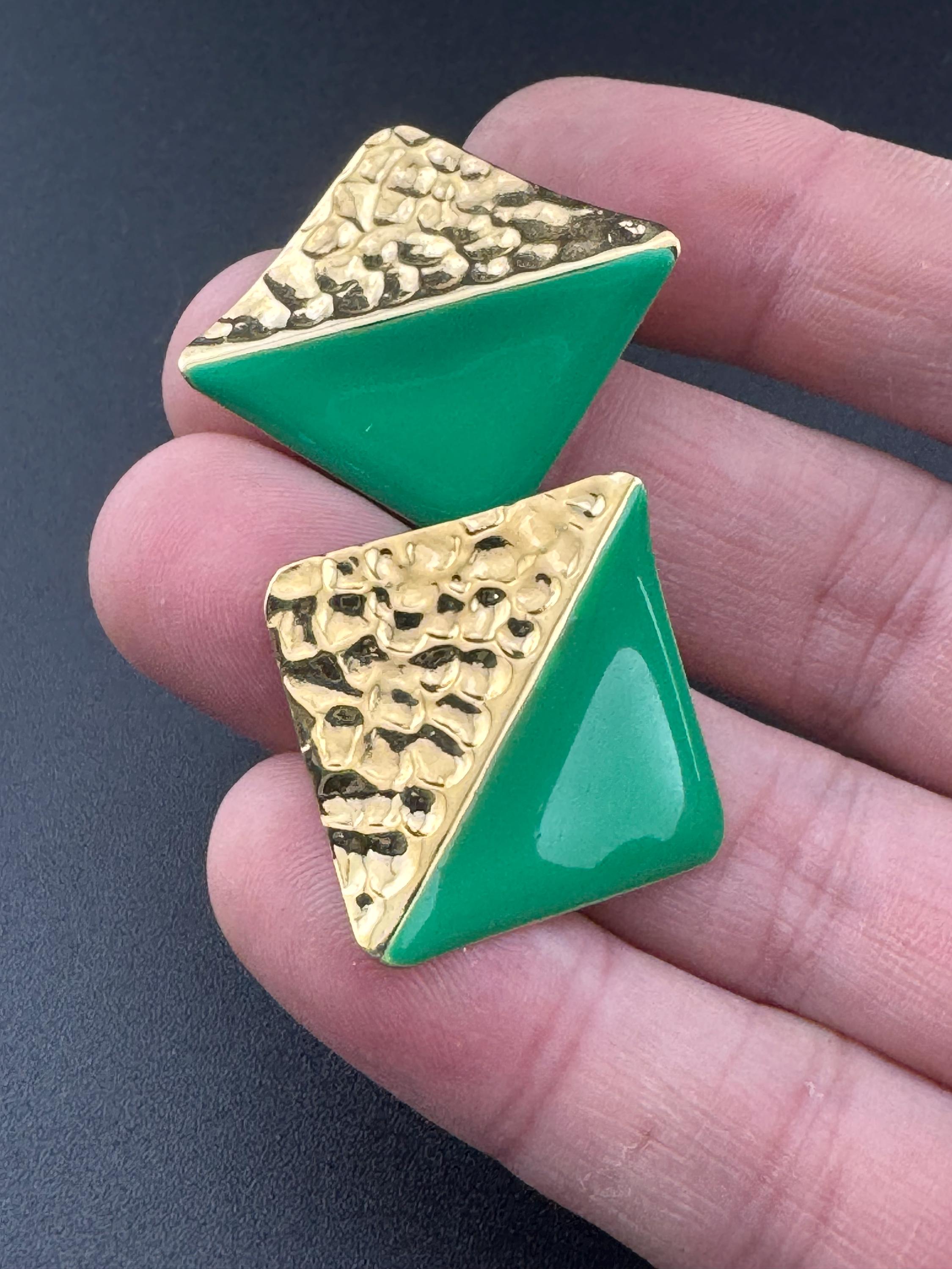 Vintage 80s Enamel Stud Earrings: Two-Tone Gold & Green