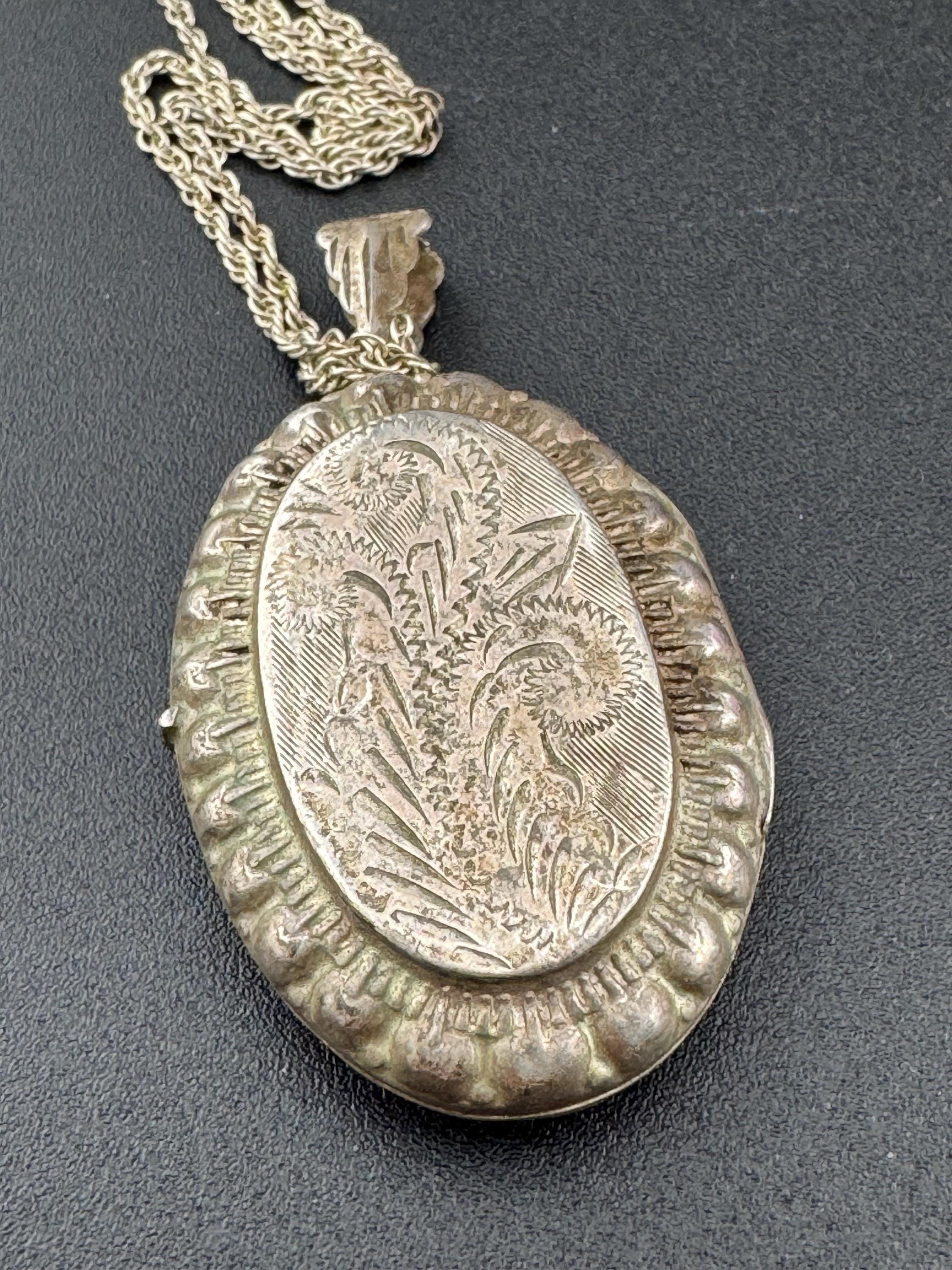 Vintage large photo Locket with engraved floral design, memorial keepsake stamped 925 on a silver chain