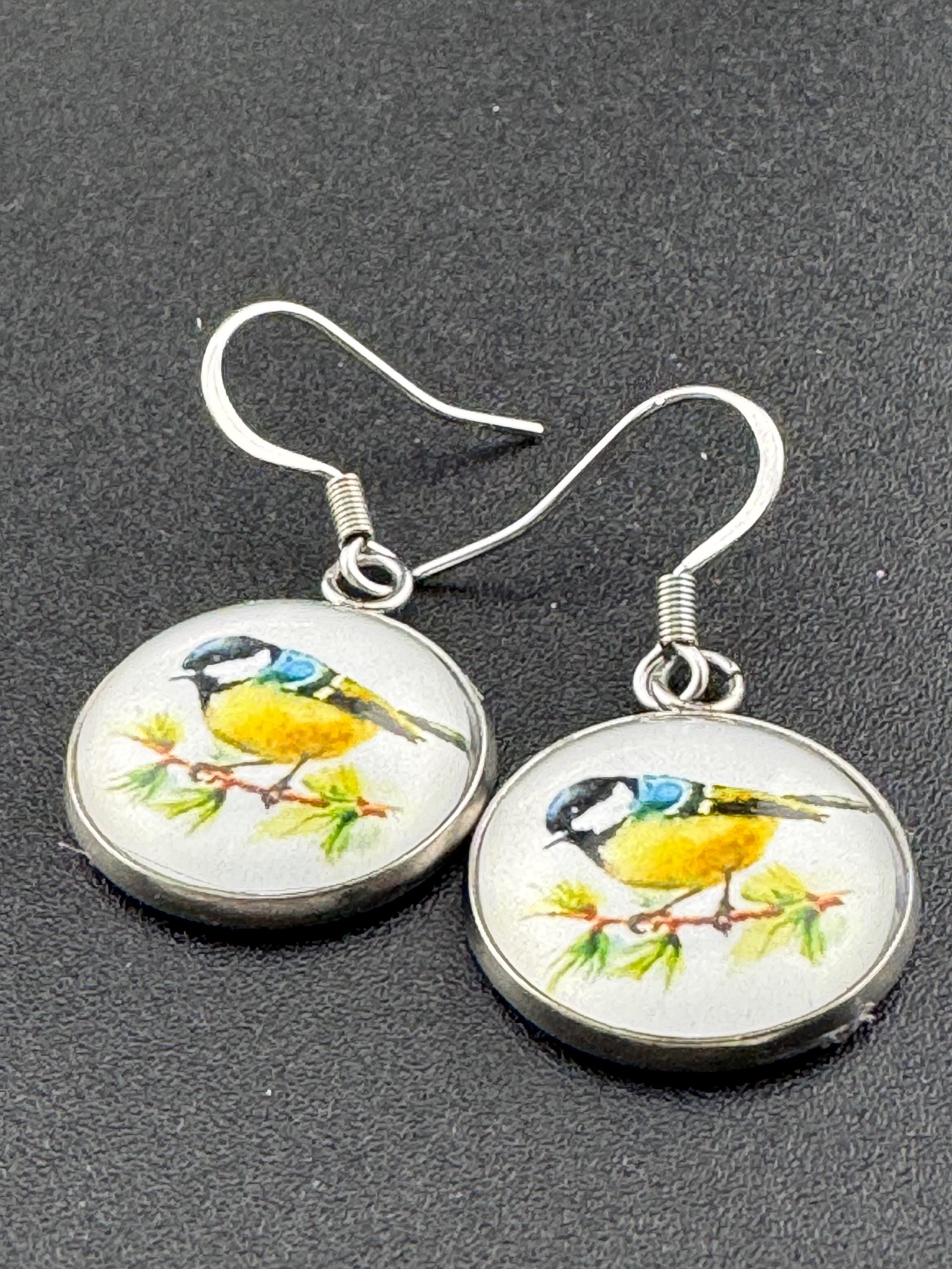 16mm Blue tit earrings glass cabochon Stainless steel garden birds drop earrings