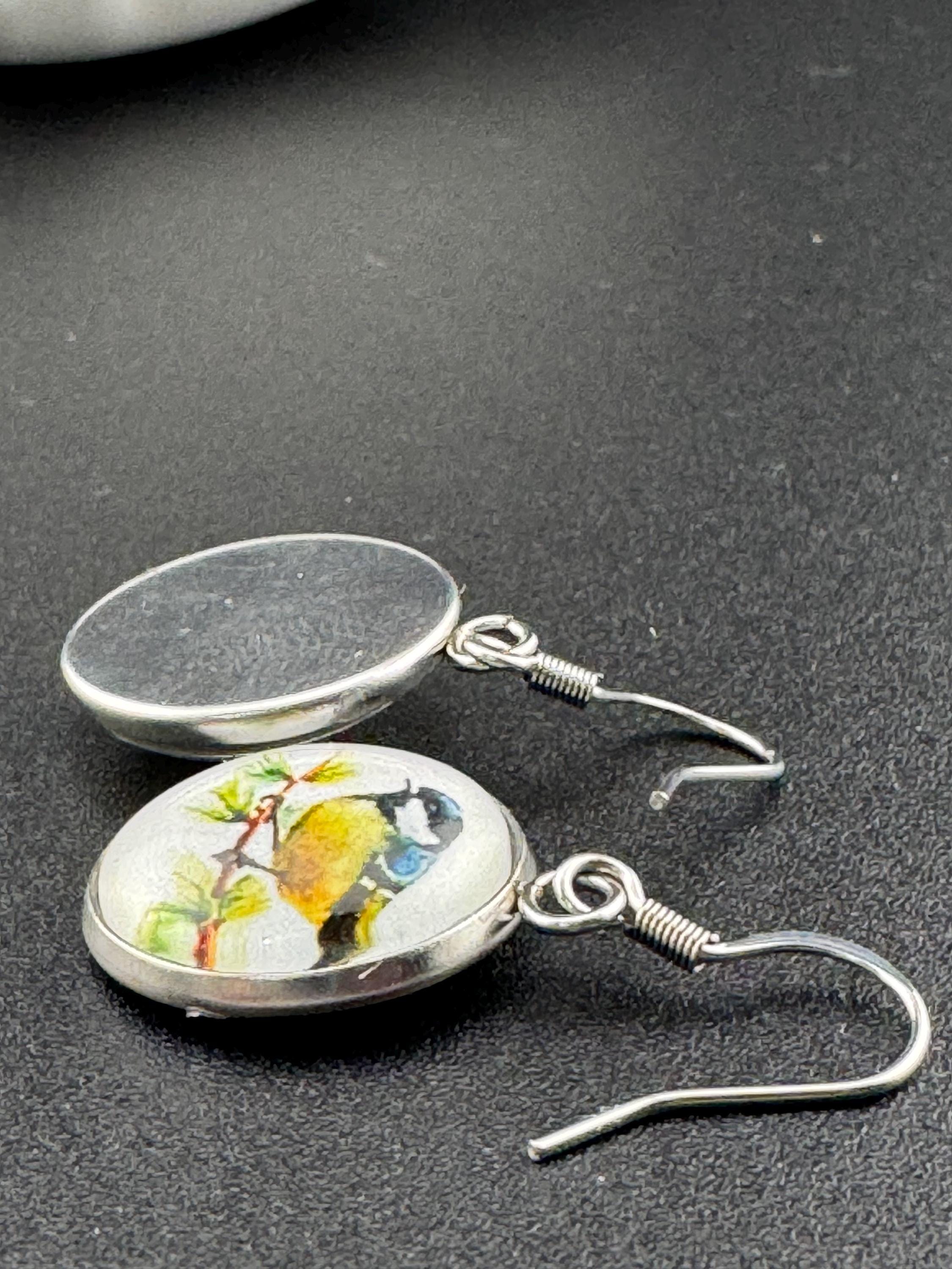 16mm Blue tit earrings glass cabochon Stainless steel garden birds drop earrings