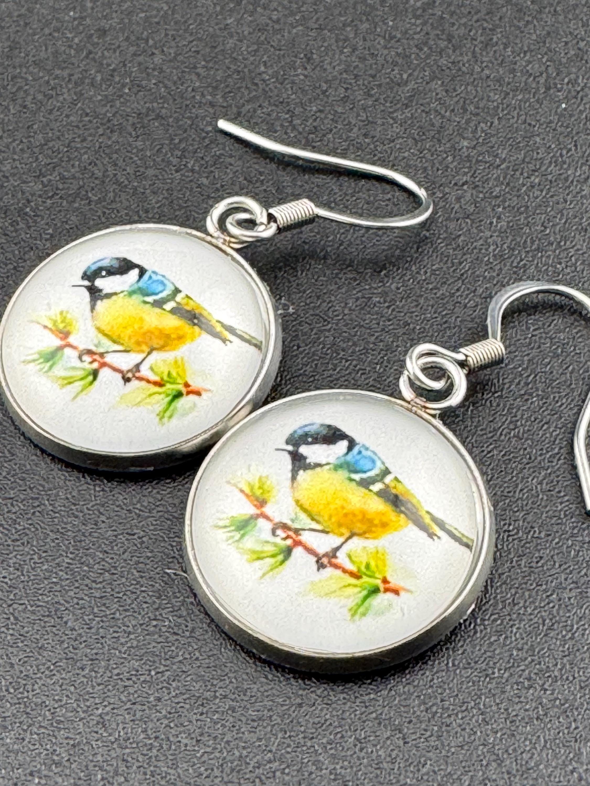 16mm Blue tit earrings glass cabochon Stainless steel garden birds drop earrings