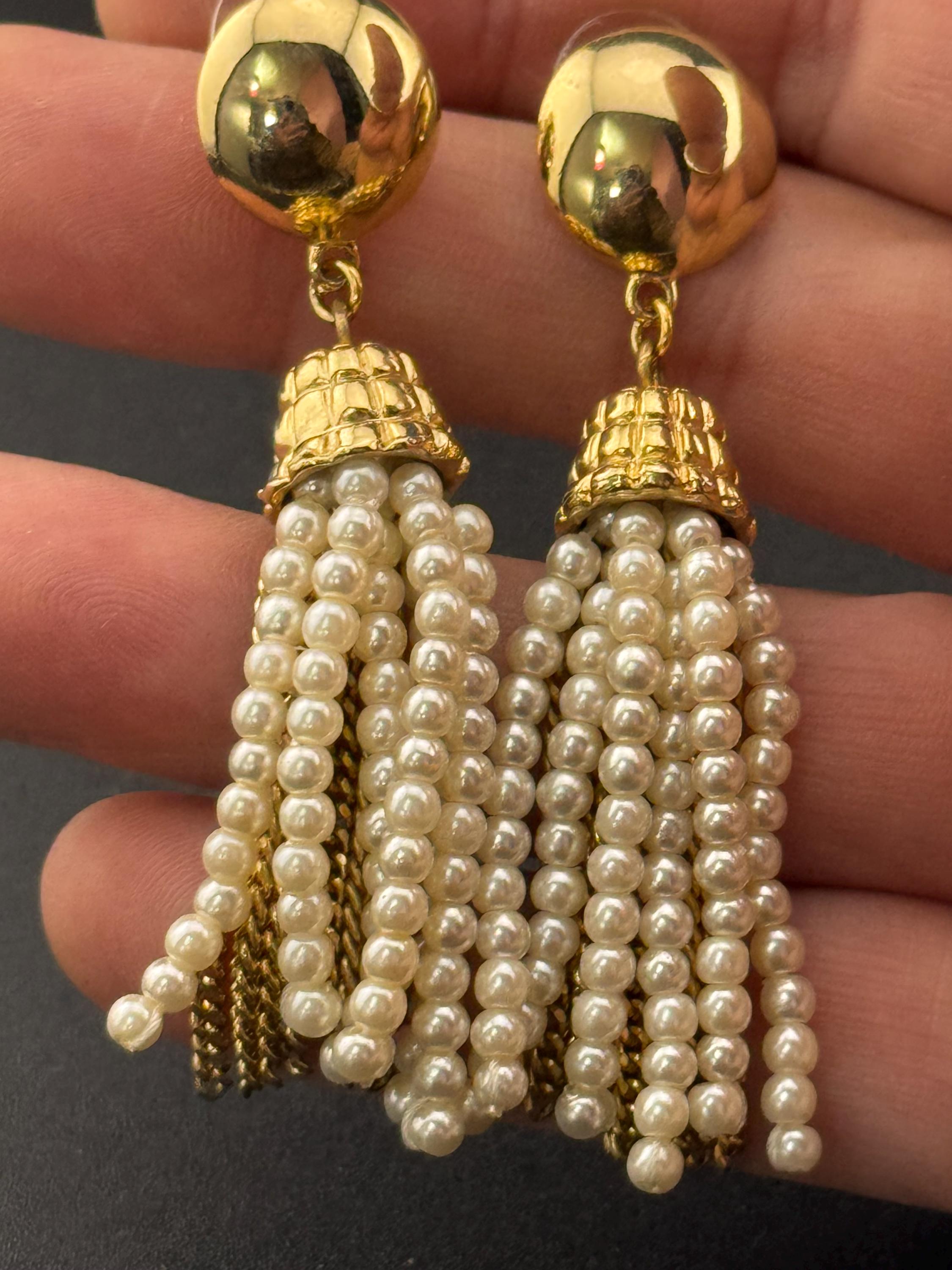 Vintage 1980s Gold Tone Faux Pearl Tassel Earrings