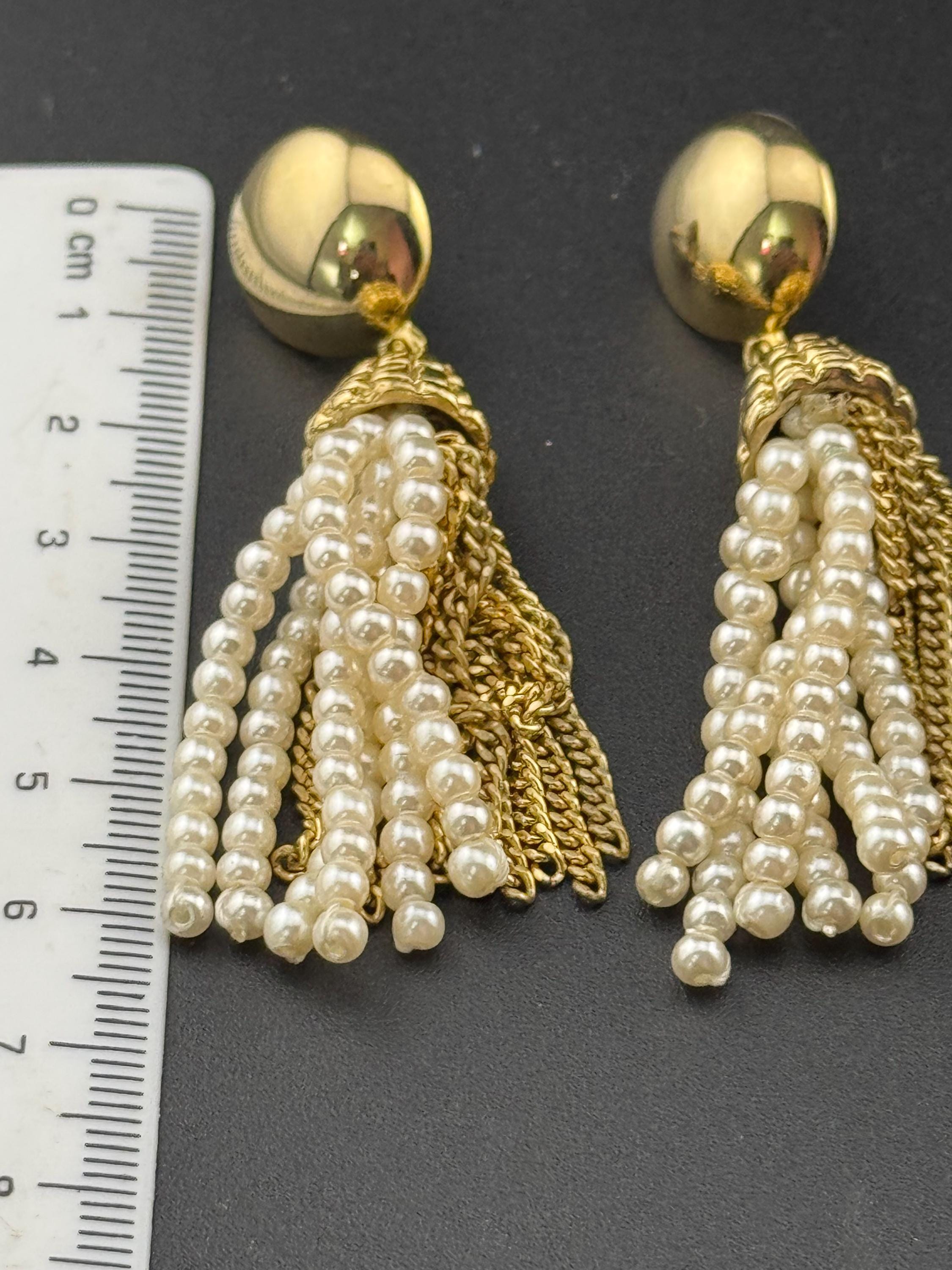 Vintage 1980s Gold Tone Faux Pearl Tassel Earrings