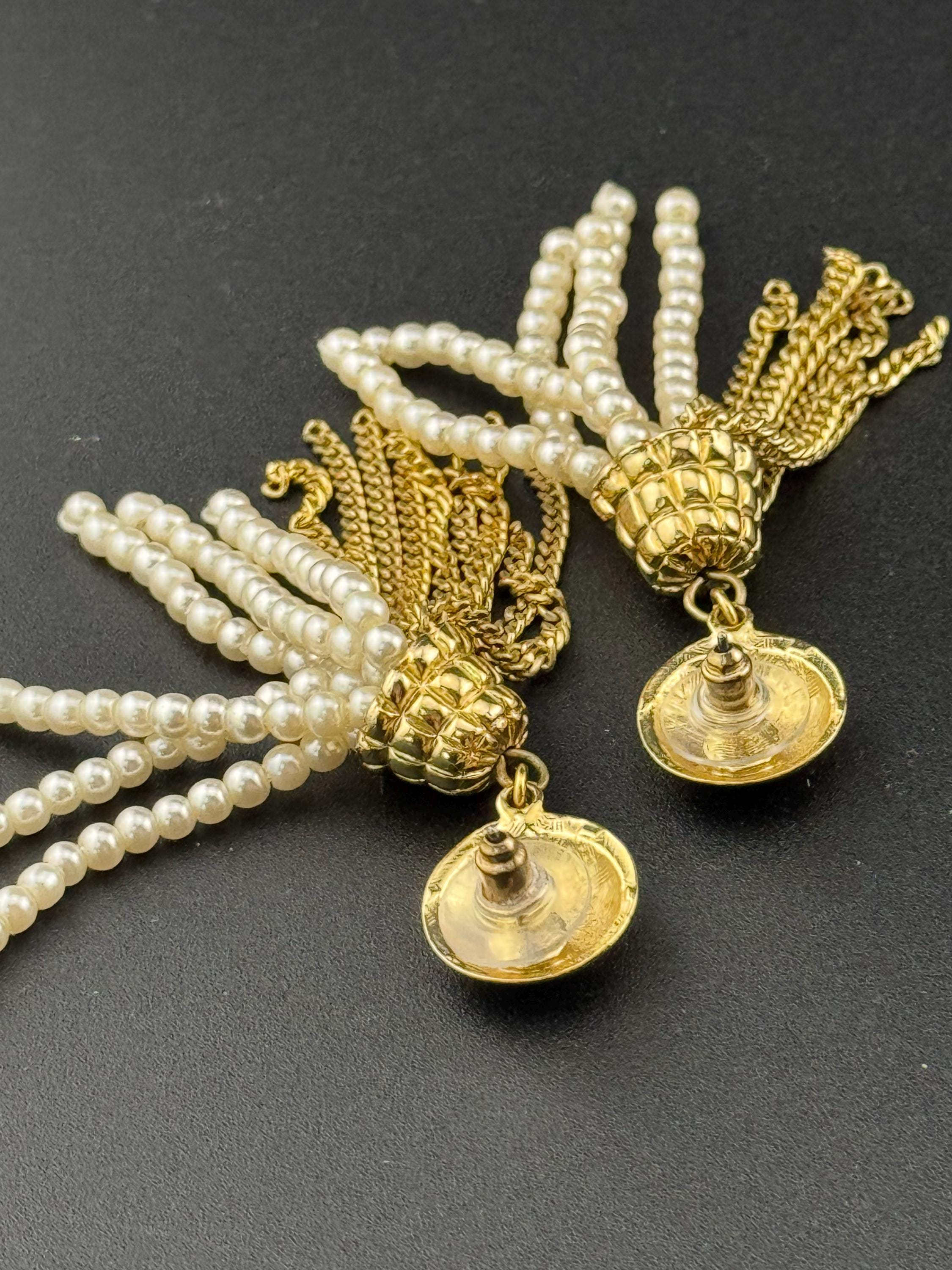 Vintage 1980s Gold Tone Faux Pearl Tassel Earrings