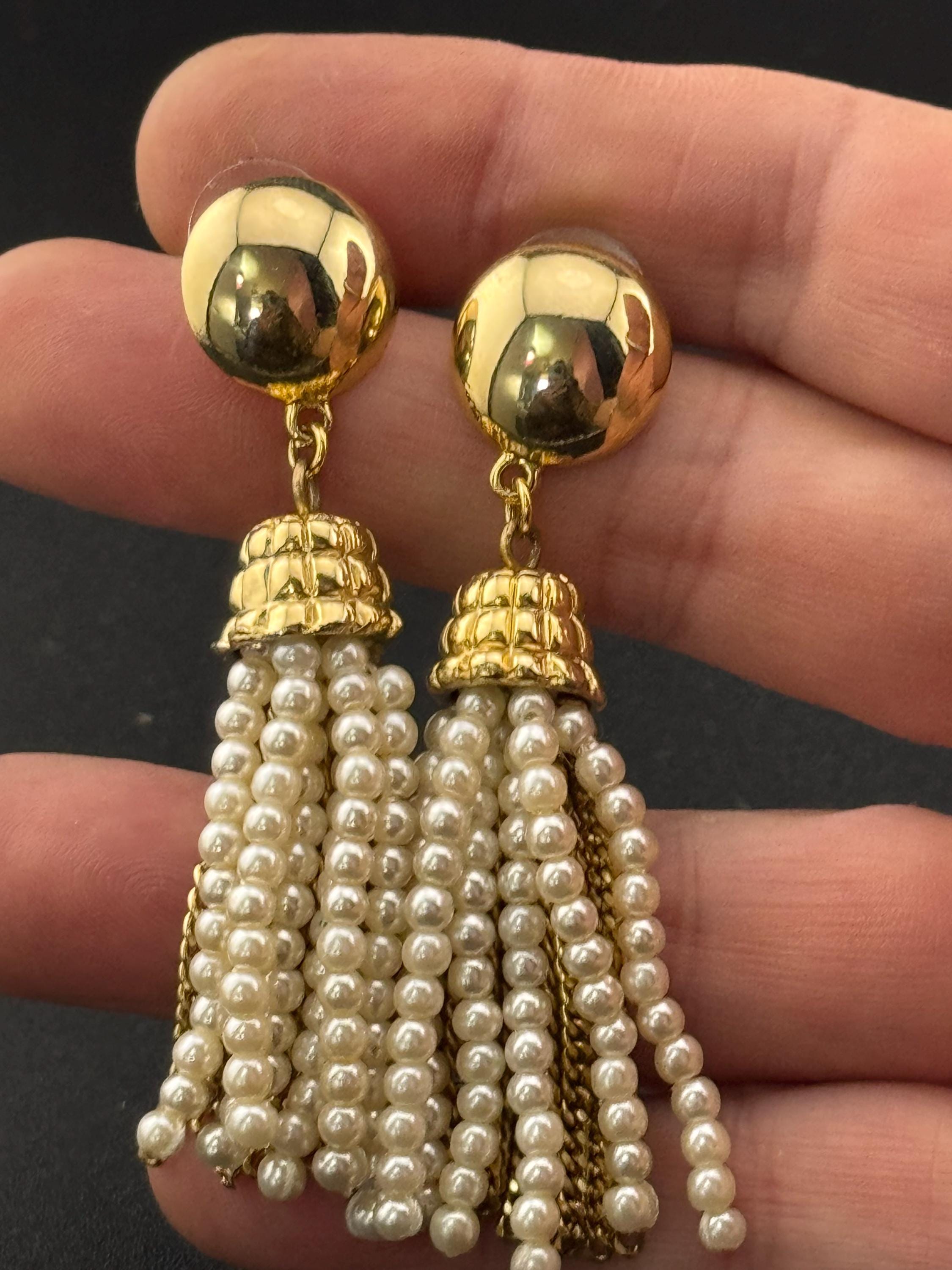 Vintage 1980s Gold Tone Faux Pearl Tassel Earrings