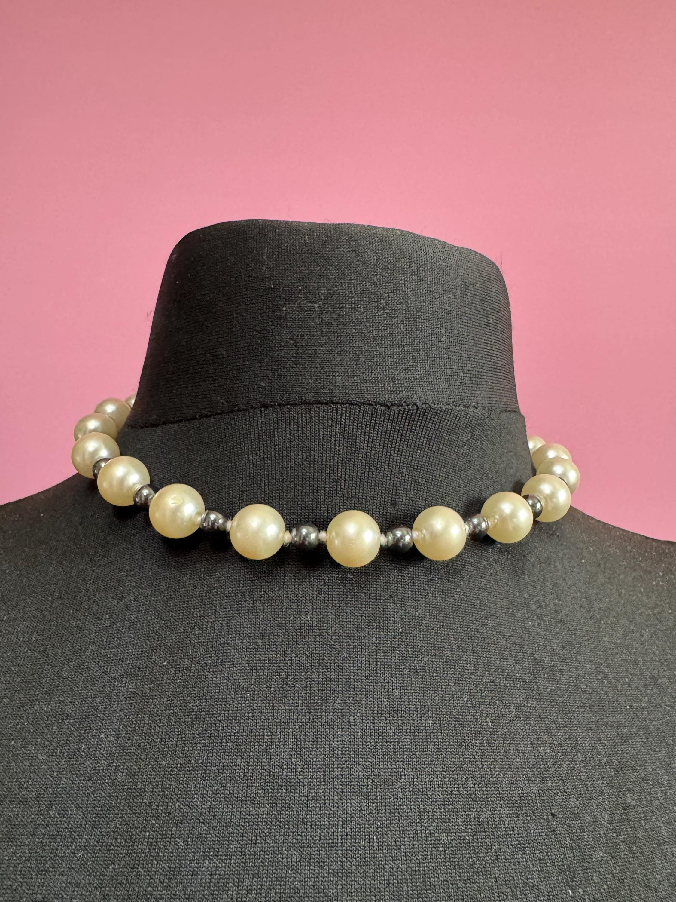 Vintage Glass Pearl Collar Necklace - Grey and Cream, 44cm
