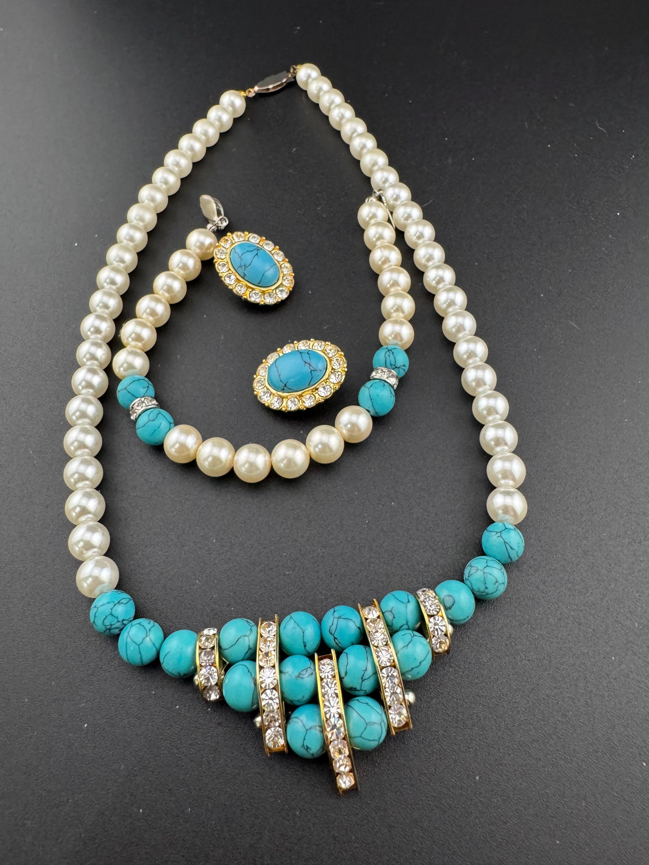 Retro 1980s faux glass cream pearl beaded turquoise gemstone and diamanté necklace and matching bracelet and earrings jewellery set