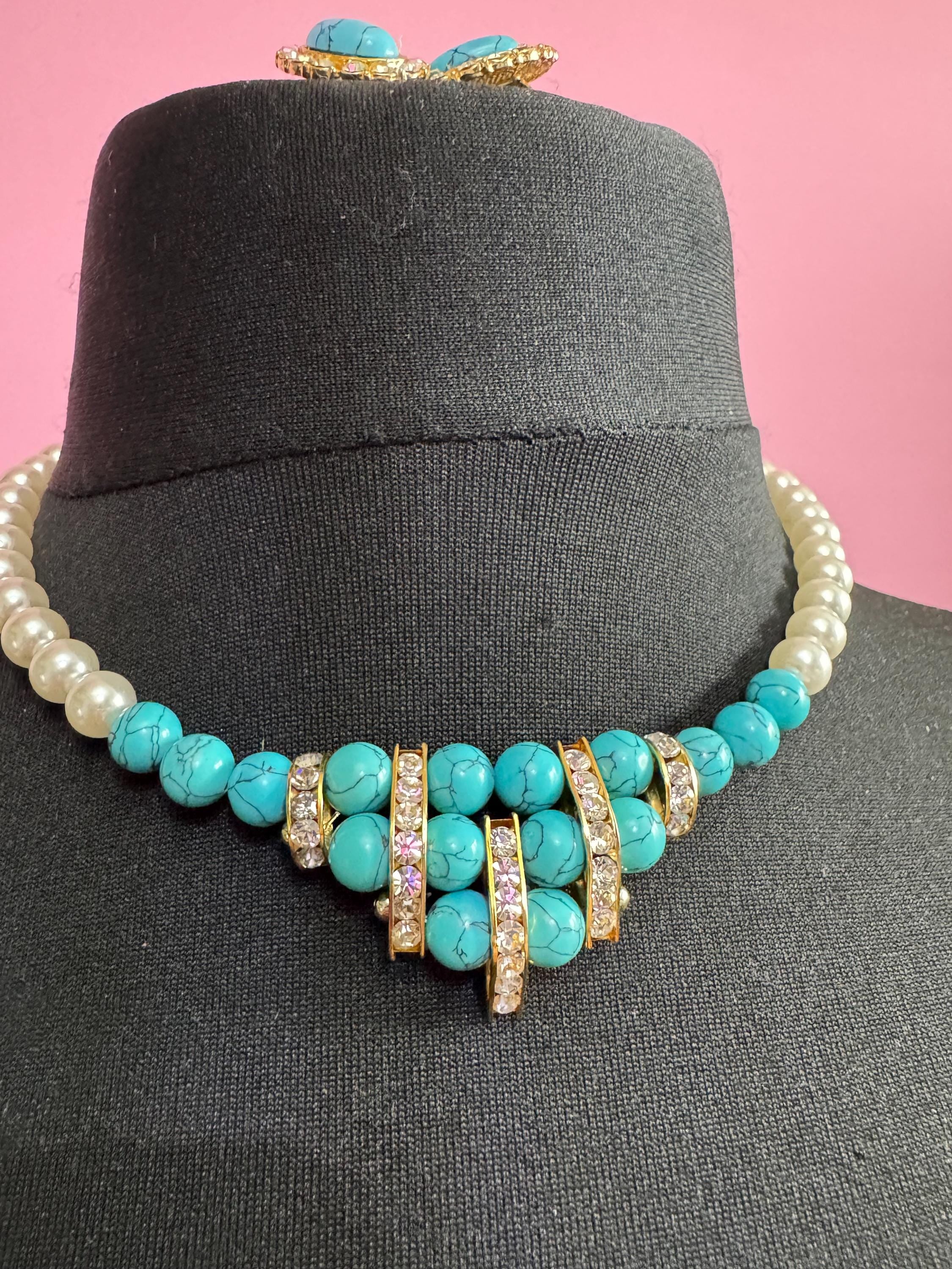 Retro 1980s faux glass cream pearl beaded turquoise gemstone and diamanté necklace and matching bracelet and earrings jewellery set