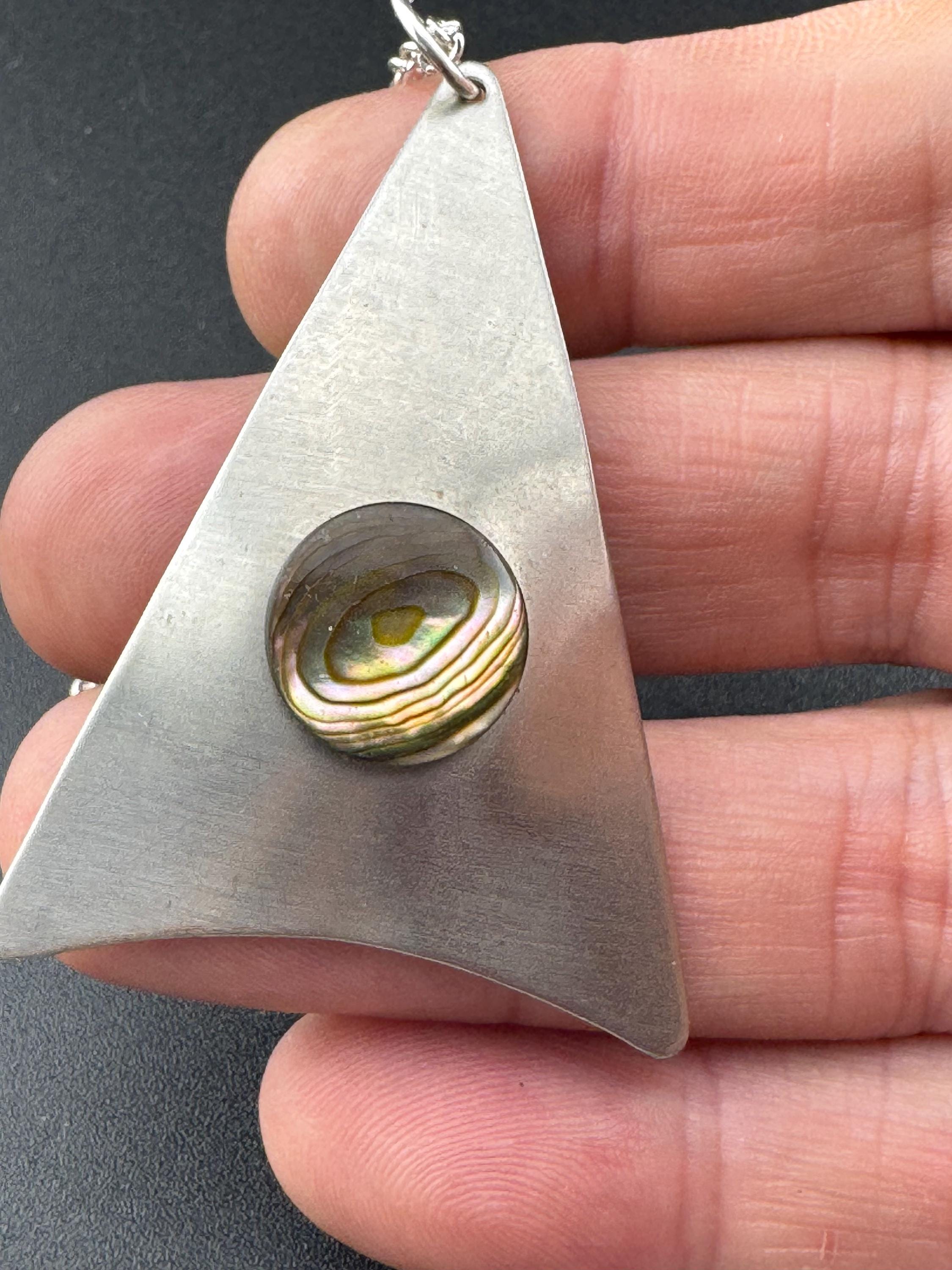 Vintage Stainless Steel Pendant Necklace: MOP Abalone Shell, Mid Century Modern