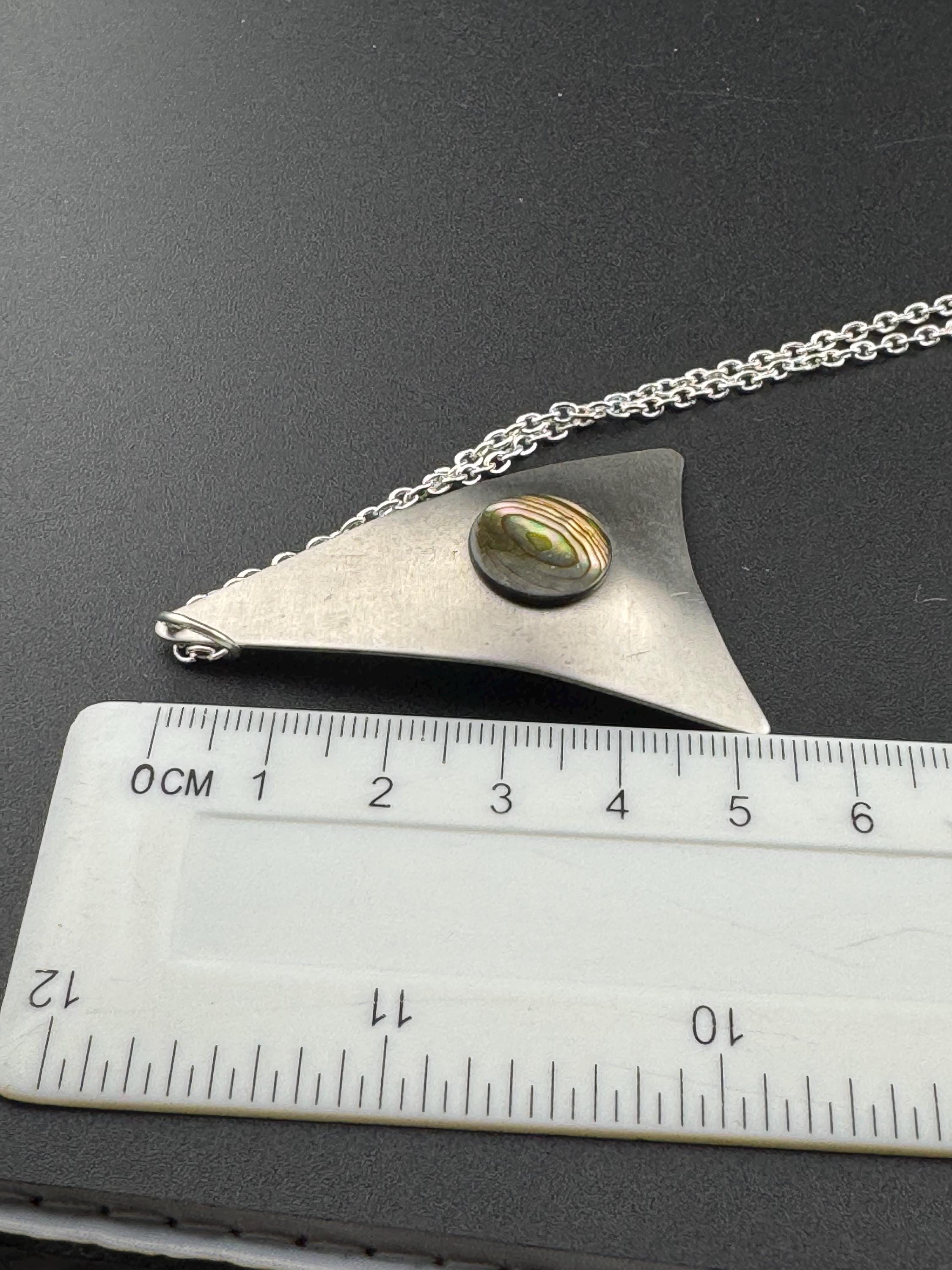 Vintage Stainless Steel Pendant Necklace: MOP Abalone Shell, Mid Century Modern