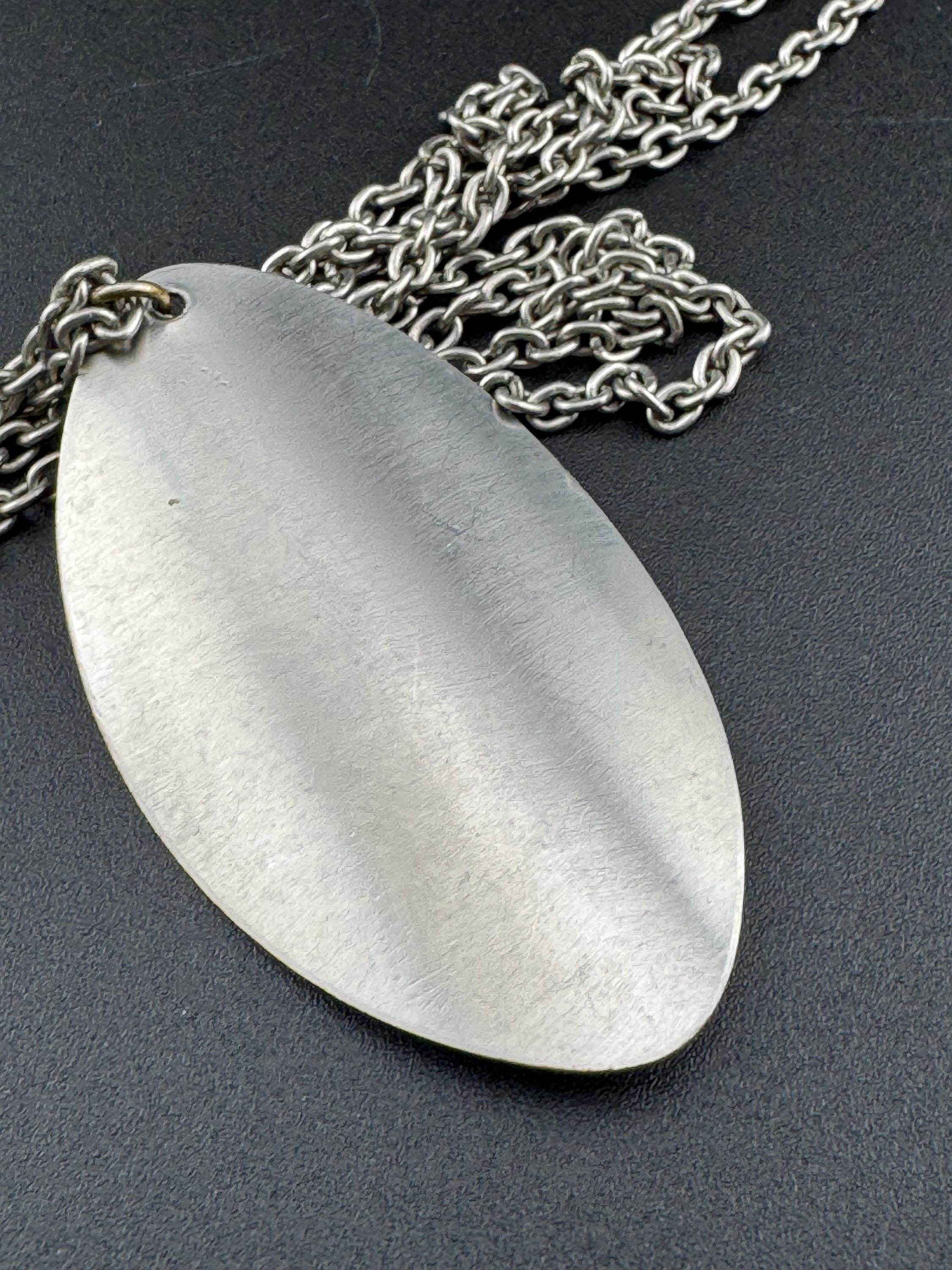 Vintage Modernist silver tone stainless Steel pendant necklace 68cm central MOP pearl abalone shell Mid Century 1960s 1970s