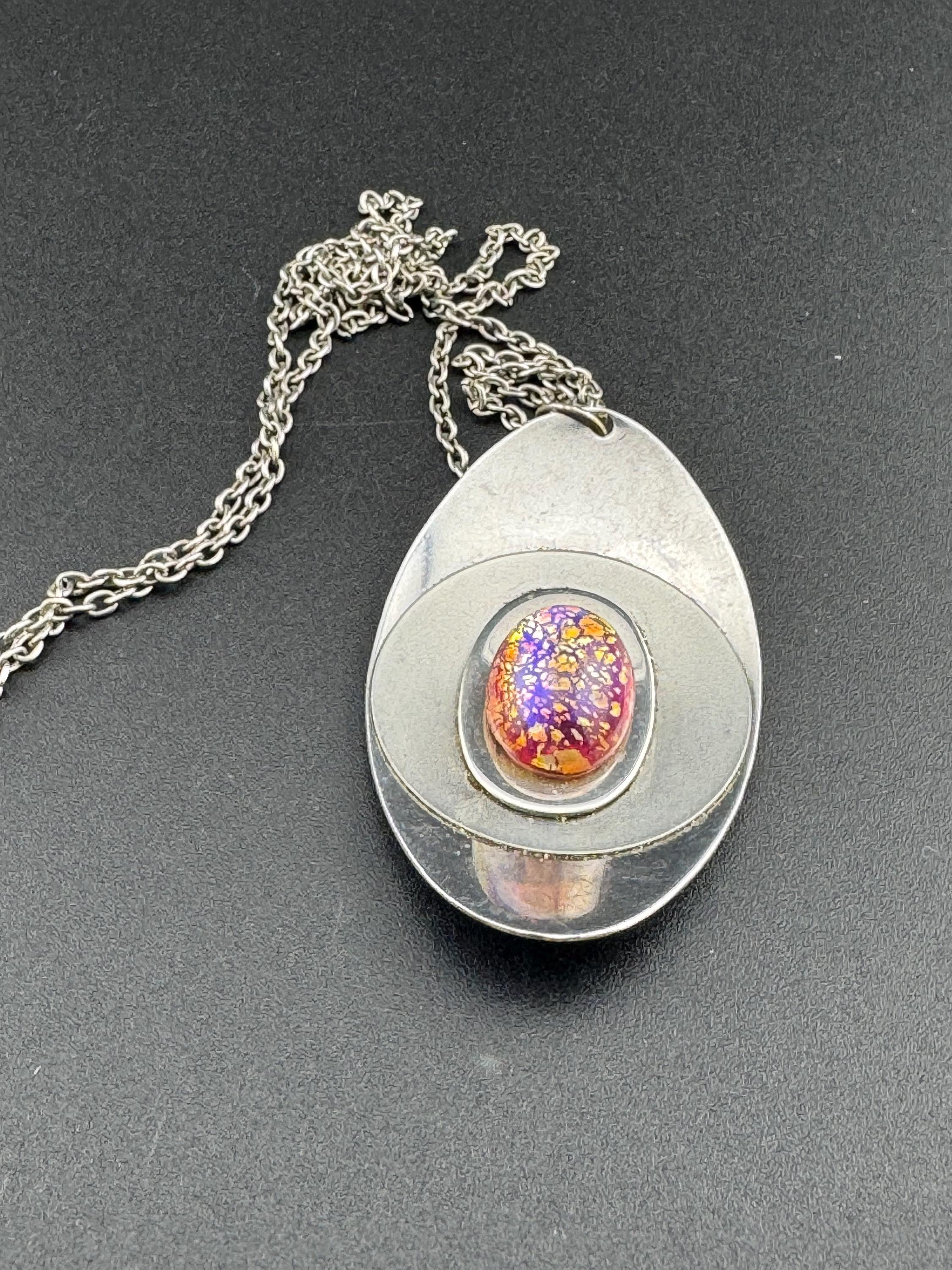 Vintage Modernist Stainless Steel Necklace: Purple Crackle Glass Cabochon, 1970s