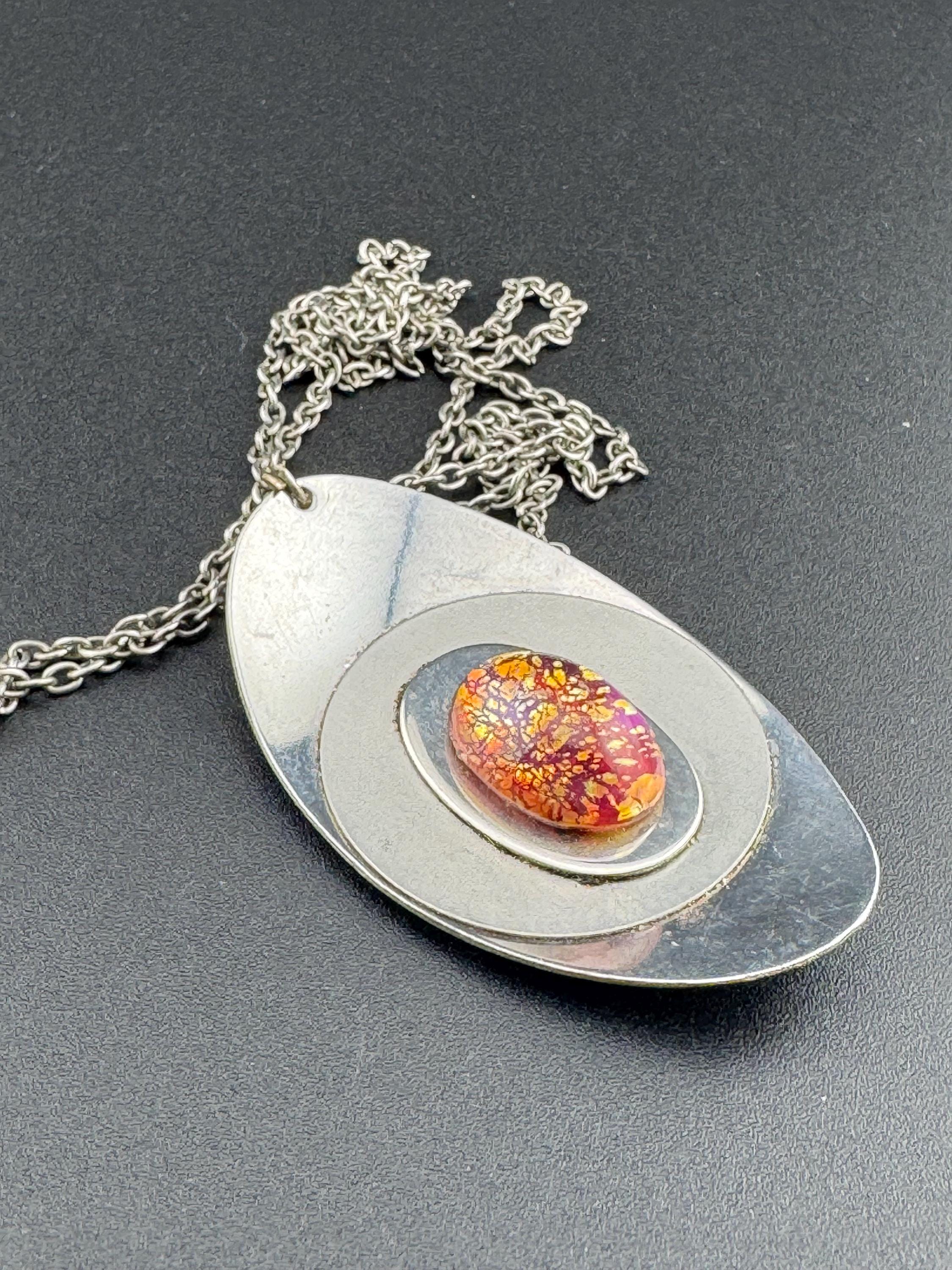 Vintage Modernist Stainless Steel Necklace: Purple Crackle Glass Cabochon, 1970s