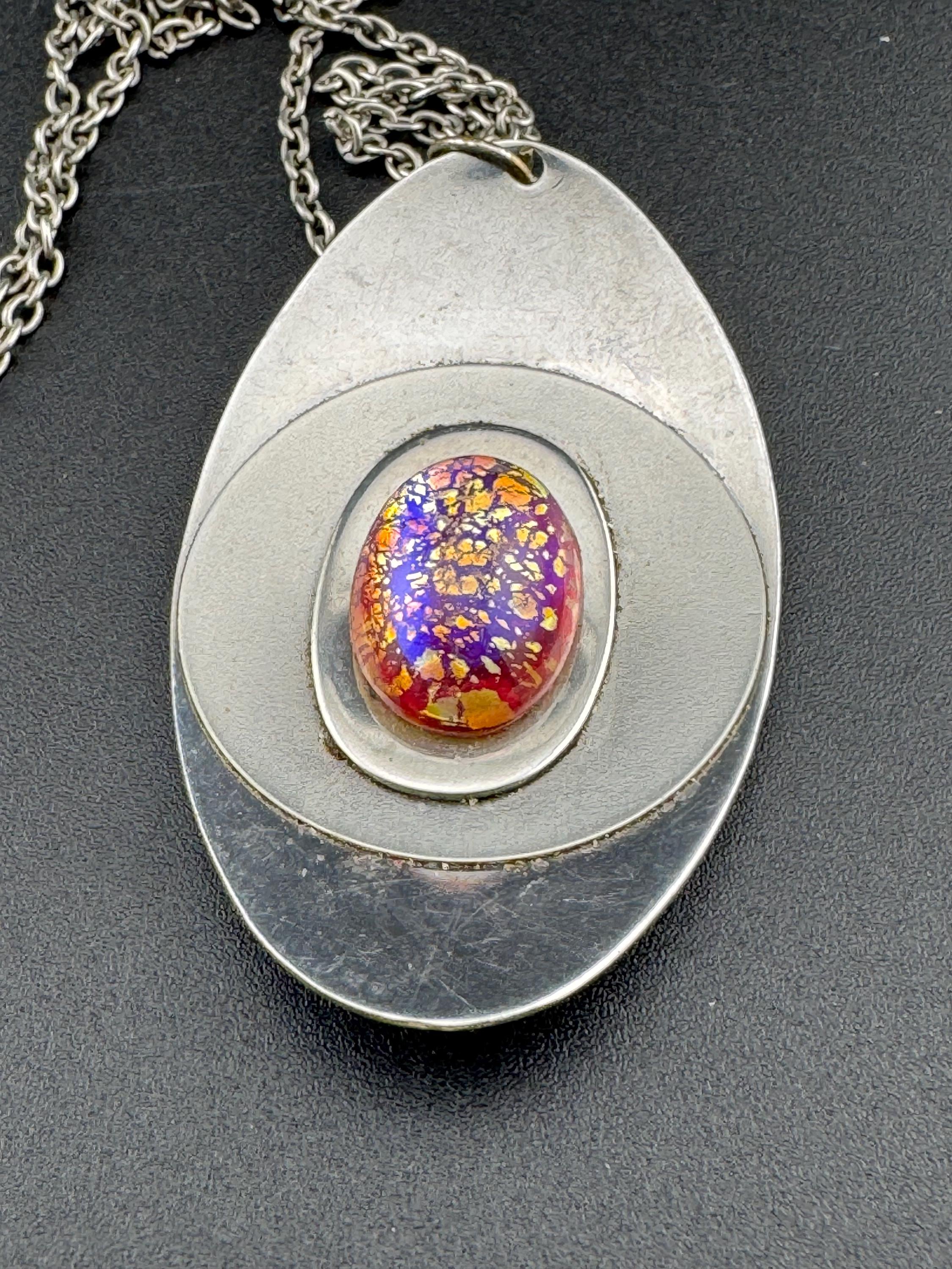 Vintage Modernist Stainless Steel Necklace: Purple Crackle Glass Cabochon, 1970s