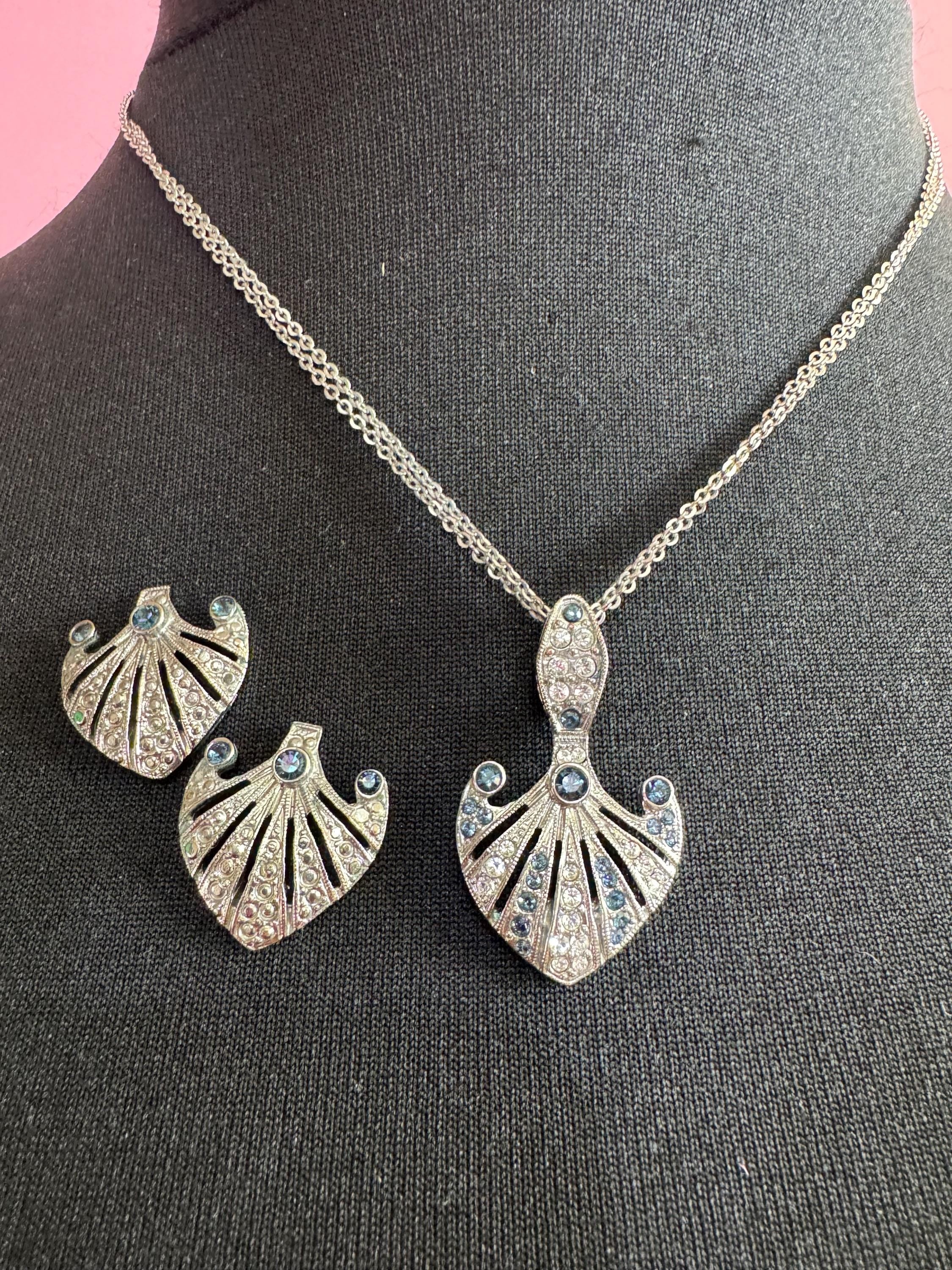 Vintage JBK Camrose & Kross Rhinestone Sapphire Necklace and Earrings Set