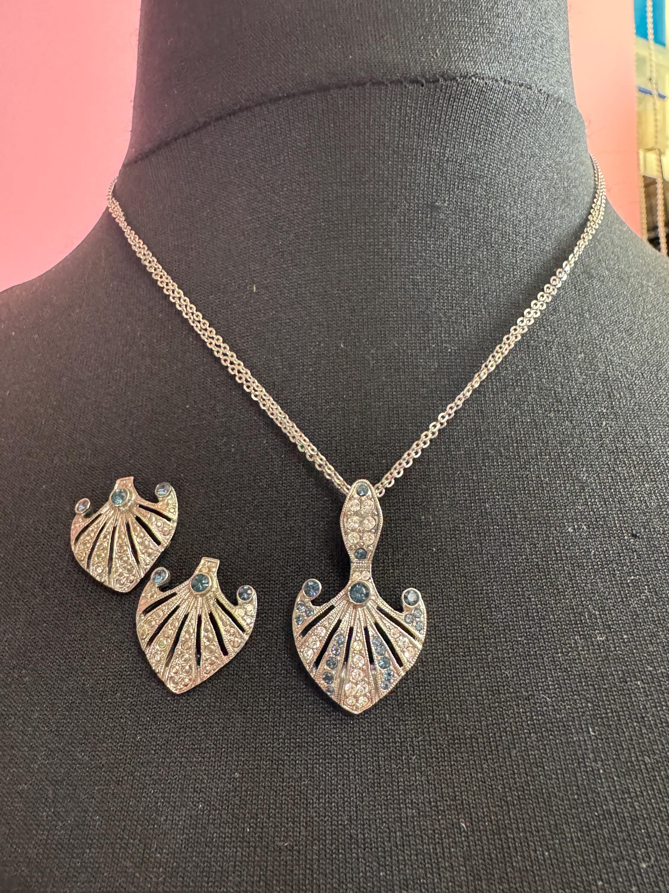 Vintage JBK Camrose & Kross Rhinestone Sapphire Necklace and Earrings Set